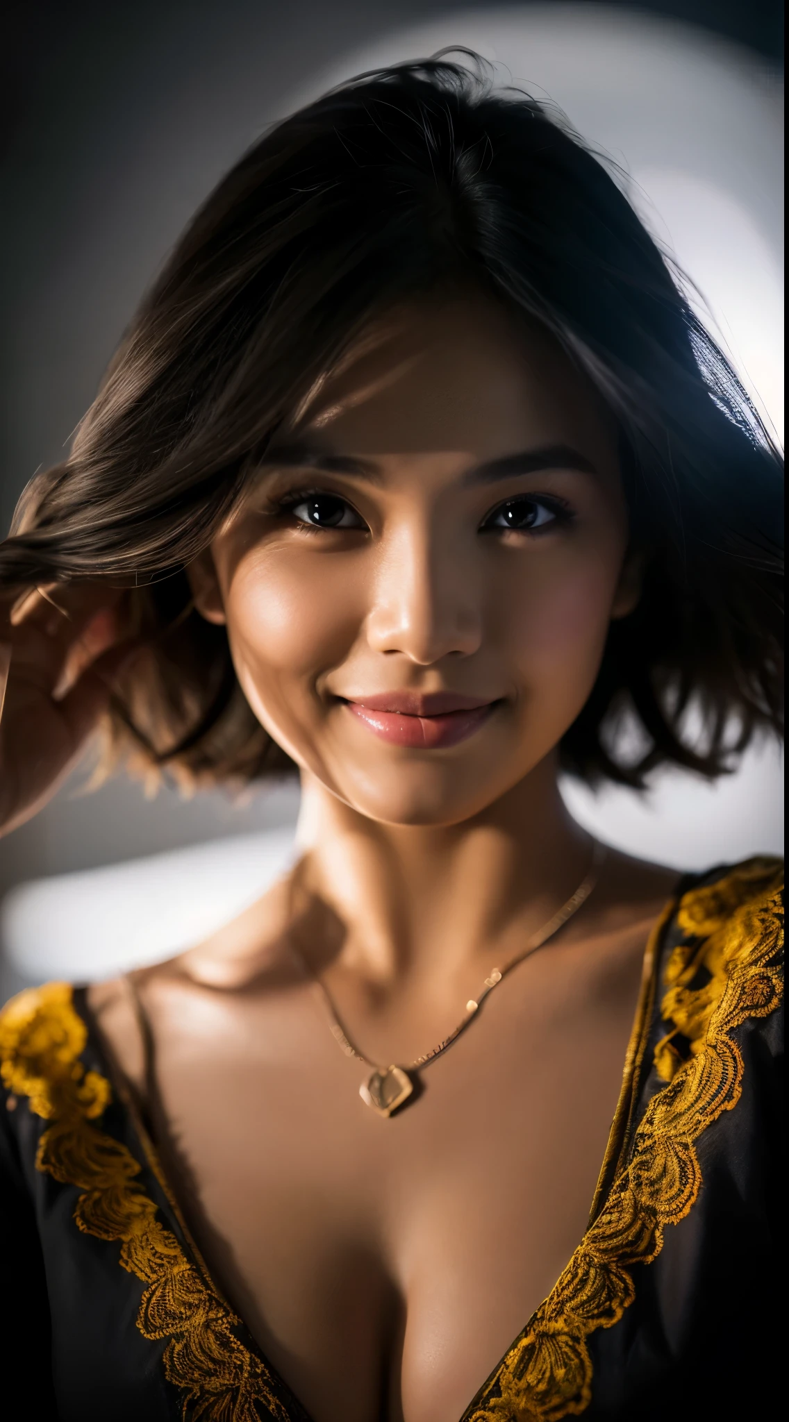 highest quality, epic realistic, ((in the pitch black darkness :1.4)), ((portrait:1.5)),(background: dark ) high contrast ,glorious picture, lowest lux, lighting face, she's comfortable, wearing nothing, , looks incredible, (8k, Raw photo, Highest quality),(epic realistic:1.5), a woman, face,(detailed eyes:0.8),(looking at the camera:1.4), (Highest quality), ( high contrast, deep shadows),Intricate details,cinematic,((skin:1.4)), (long dark hair:1.3), long hair, messy ,(Hdr:1.5),Detailed, colors, Superior quality, Masterpiece, Raw Photo (20-year-old, looking at viewer), beautiful, (wearing plain yellow shirt,), perfect, natural, perfect composition, portrait, perfect face, smiling expression, Captivating eyes, Bright details, Tight lips, (High Skin Detail),, (blue tint: 0.6), (sale: 0.8), (bloody: 0.7), Key lighting , (backlight: 0.5), Medium depth of field, Canon 5d, 50mm lens, f/4 apertures, (Ultra-detailed, Complex detail), sharp focus, soft colors, 8k, Absurd, 80mm, bokeh background, photography, smiling, pinay, filipina, large boobs, neon lights background, bokeh