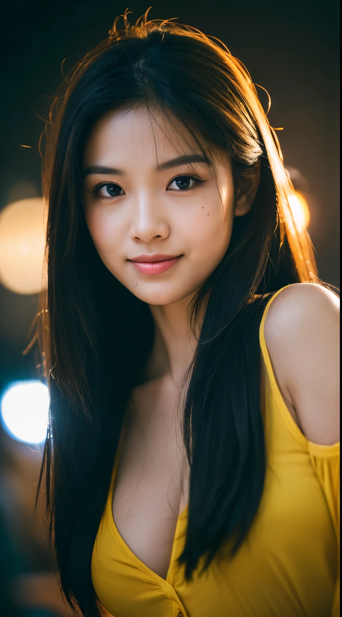 highest quality, epic realistic, ((in the pitch black darkness :1.4)), ((portrait:1.5)),(background: dark ) high contrast ,glorious picture, lowest lux, lighting face, she's comfortable, wearing nothing, , looks incredible, (8k, Raw photo, Highest quality),(epic realistic:1.5), a woman, face,(detailed eyes:0.8),(looking at the camera:1.4), (Highest quality), ( high contrast, deep shadows),Intricate details,cinematic,((skin:1.4)), (long dark hair:1.3), long hair, messy ,(Hdr:1.5),Detailed, colors, Superior quality, Masterpiece, Raw Photo (20-year-old, looking at viewer), beautiful, (wearing plain yellow shirt,), perfect, natural, perfect composition, portrait, perfect face, smiling expression, Captivating eyes, Bright details, Tight lips, (High Skin Detail),, (blue tint: 0.6), (sale: 0.8), (bloody: 0.7), Key lighting , (backlight: 0.5), Medium depth of field, Canon 5d, 50mm lens, f/4 apertures, (Ultra-detailed, Complex detail), sharp focus, soft colors, 8k, Absurd, 80mm, bokeh background, photography, smiling, pinay, filipina, large boobs, neon lights background, bokeh