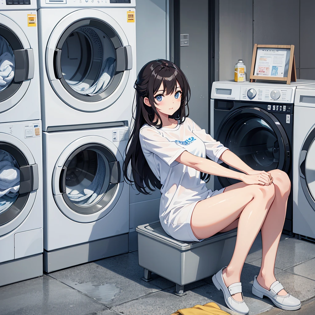 Face is detailed, high resolution, (best quality), girl sitting next to washing machine, cute, beautiful eyes, laundry shop full of washing machines, modern,