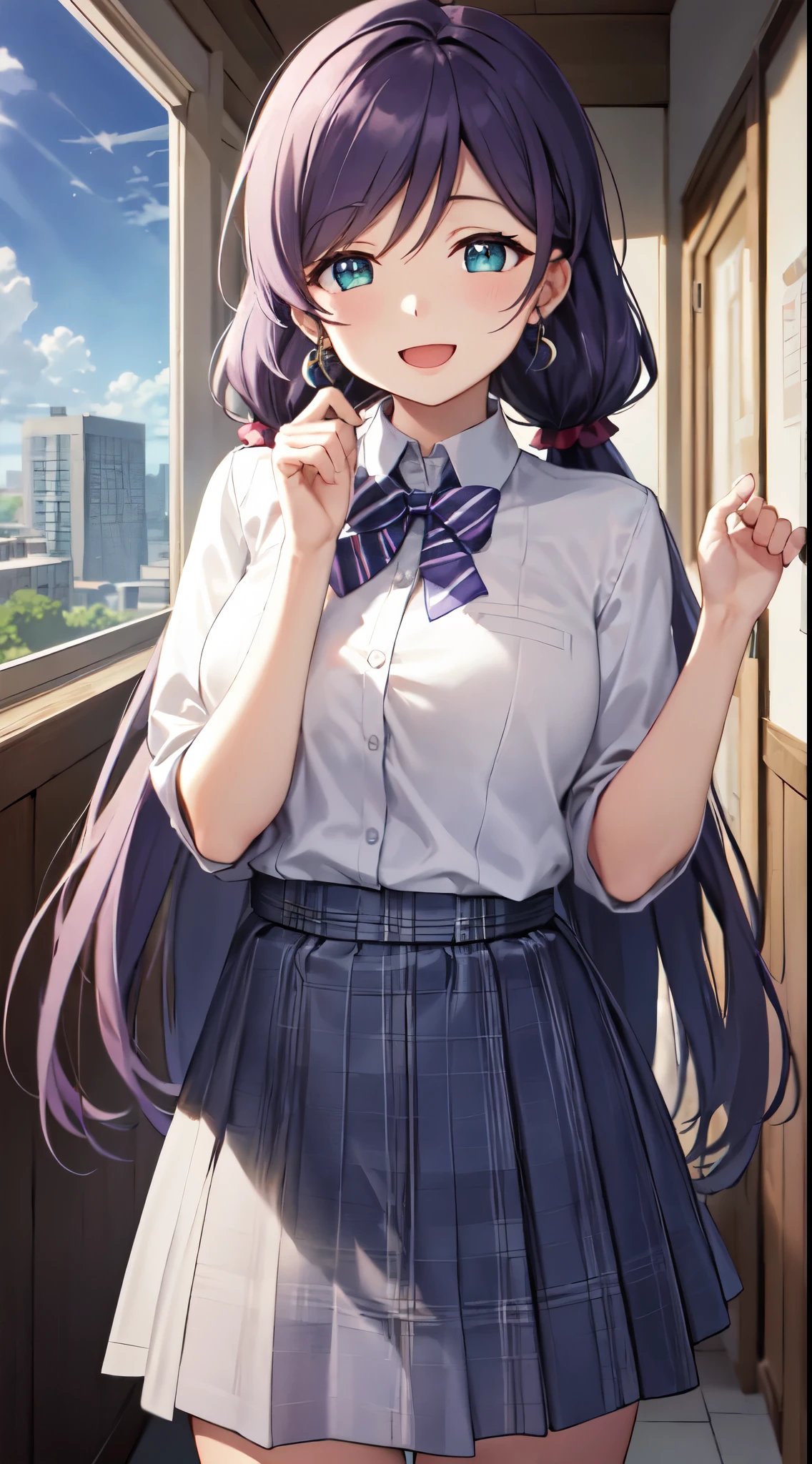 nozomi_tojo, (long_hair), long hair,1girl, solo, purple_hair, twintails, aqua_eyes, hair ornaments,(illustration:1.1),(best quality),(masterpiece:1.1),(beautiful and clear background:1.25),(extremely detailed CG unity 8k wallpaper:1.1), (colorful:0.9),(depth of field:0.75),( ink splashing:0.95),(color splashing:0.85),(watercolor:0.65),
(cowboy shot:1.4),blue (school uniform:1.4), :d, dress, earrings,looking_at_viewer, neck_ribbon, smile,
classroom, indoor, sunny, detailed blue sky,