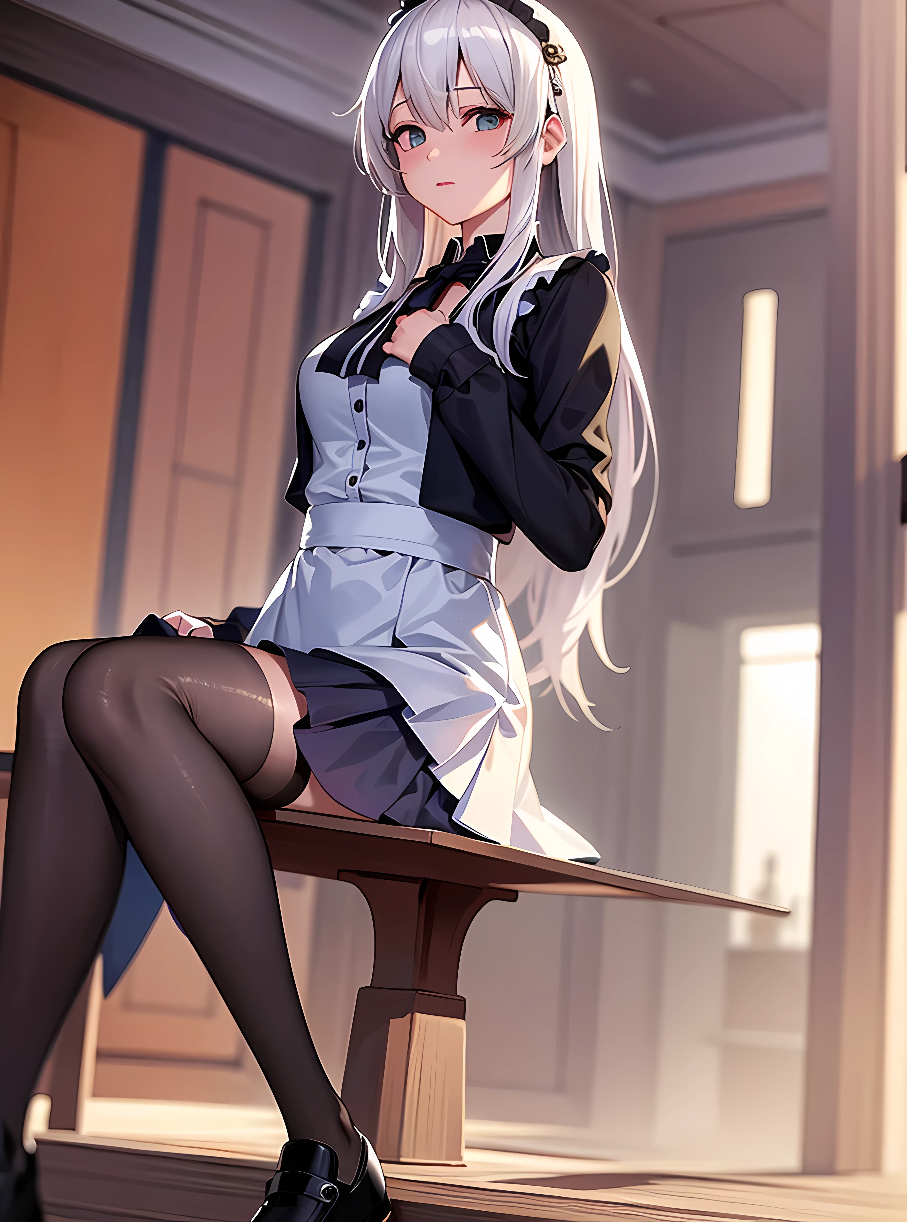 [(masterpiece: 1.1, highest quality: 1.1), Shy high school girl in uniform, emphasize, , Sheer,White and blue sailor suit　blue mini skirt　White knee-high socks　garter belt　swollen chest　Black Bob Cut　beautiful black eyes　Sitting in a luxurious looking black office chair　leaning on the backrest　legs crossed　Blue ribbon　I have black headphones on my head　I rest my arms on the armrests　looking proudly at me　shoes are black leather shoes
