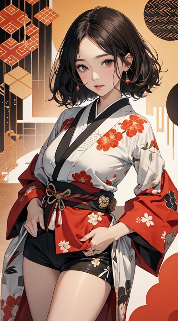 ((8k wallpaper of extremely detailed CG unit, masterpiece, hight resolution, top-quality, top-qualityのリアルテクスチャスキン)), (a very beautiful woman, Plump lips, The upper part of the body, Hands in pockets:1.5, Japanese pattern blouson:1.2, Japanese pattern micro mini shorts:1.2), (A dark-haired, hair messy, de pele branca, small tit), ((Colorful background with geometric patterns, Japanese pattern background, warm color)), (hyper realisitic, digitial painting),