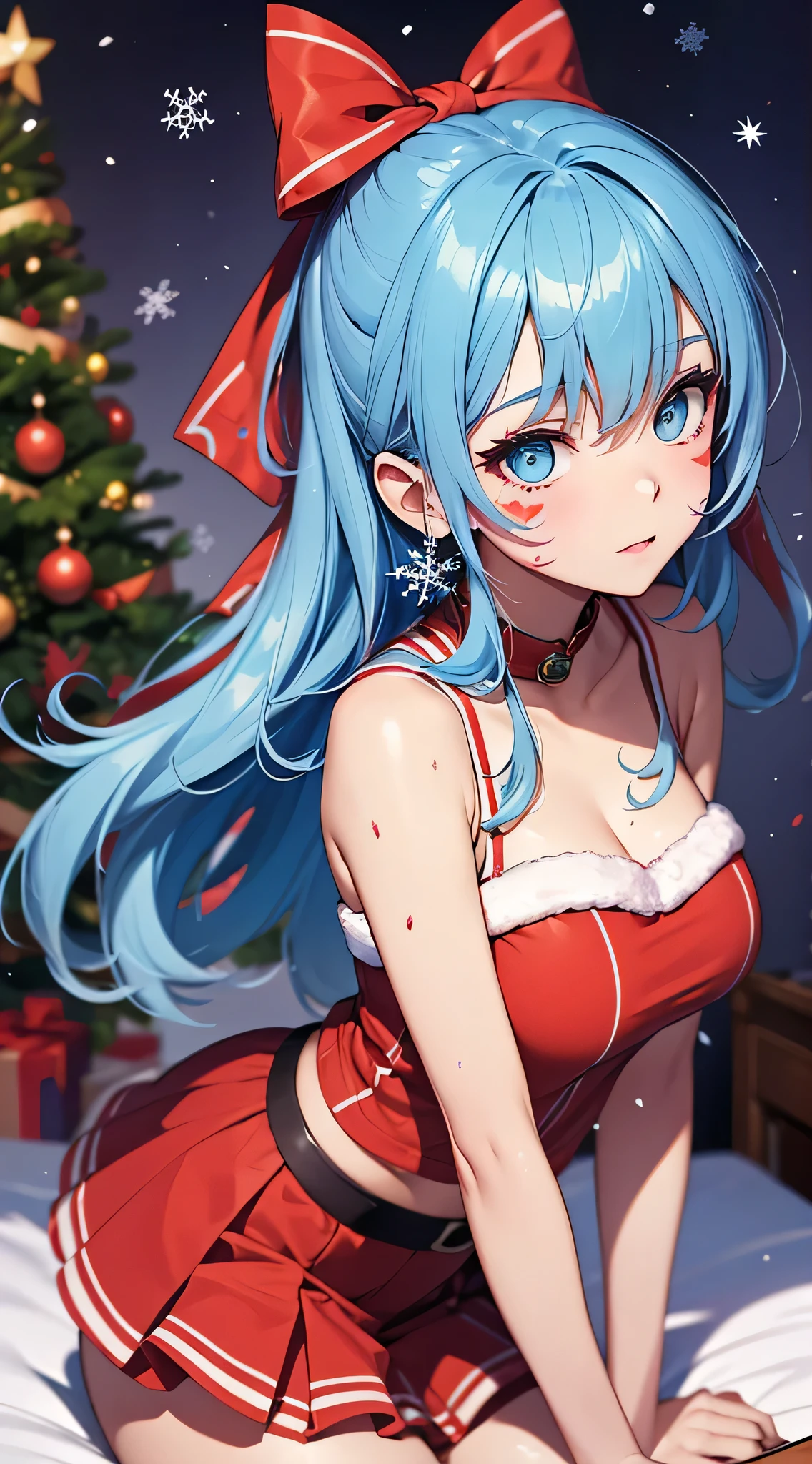 top-quality、Top image quality、masterpiece、teens girl((santa style short skirt、santa style tank top、sixteen years old、 Ager、Best Bust、big bast,wide open breasts、Beautiful light blue eyerest, multicolored hair、A slender,Large valleys、dye one's cheeks red、Red Body Paint、Red Face Paint、be shy、heart mark、Fall on your back on the bed、Invite viewers、Extend your arms to your audience、dishevled hair)),hiquality、Beautiful Art、Background with(( natta、snowflakes falling、Nice and clean room.、Christmas Party、Party Venue、Christmas Lights、Christmas tree、christmas bed)))、masutepiece、depth of fields,