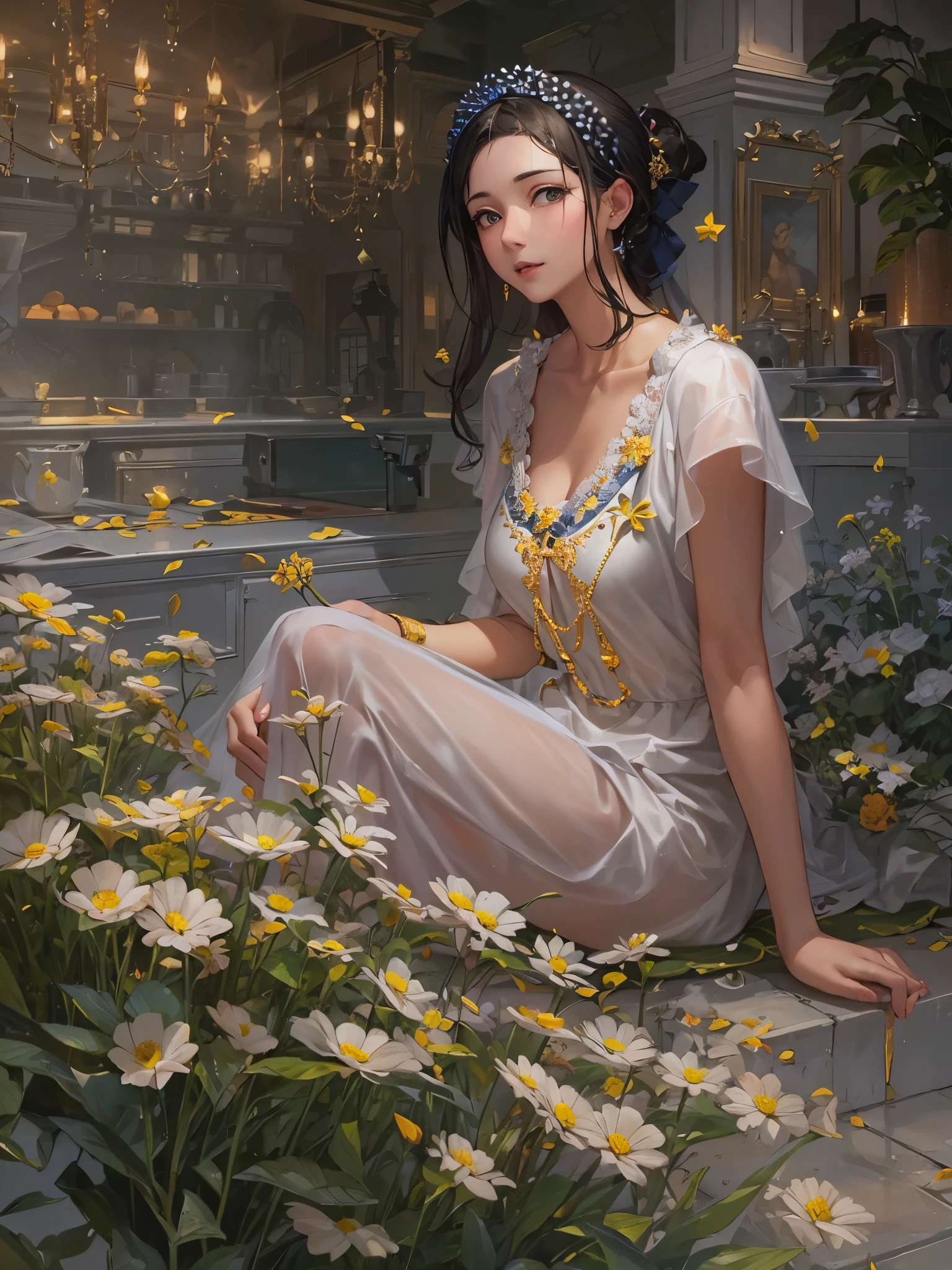 ((Finest quality)),(超A high resolution),(ultra-detailliert),(Meticulous portrayal),((Best CG)),(Finest works of art),Ultra-Precision Art,The art of astounding depiction,Art with precise depiction in every detail:1.5, ((Cultivated woman:1.8)),unclear:1.5,A slight smil:1.3, stars in the sky、flowers on the ground