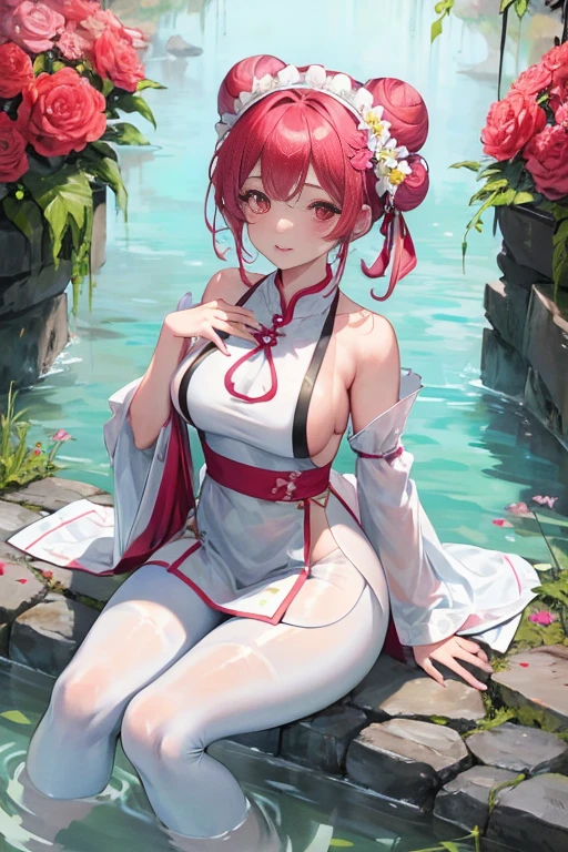 tmasterpiece、Need、1female、Blue cheongsam、 White cloth bun bun bun、Shoulder leakage、The chest is large、chubbiness、ssmile、White suspender tights、lace leggings、pale pink lip、hot springs,Pose in the water,(drenched all over the body),legs are open, 独奏, White polo shirt, looking at viewert, A high resolution,(Thigh thick:1.0),,ultra - detailed,tmasterpiece,Best quality at best,Yazawa Nico,red eyes, face flushed,Blunt hair,both hands on hip,greet,Flower headdress,Side sitting,Side