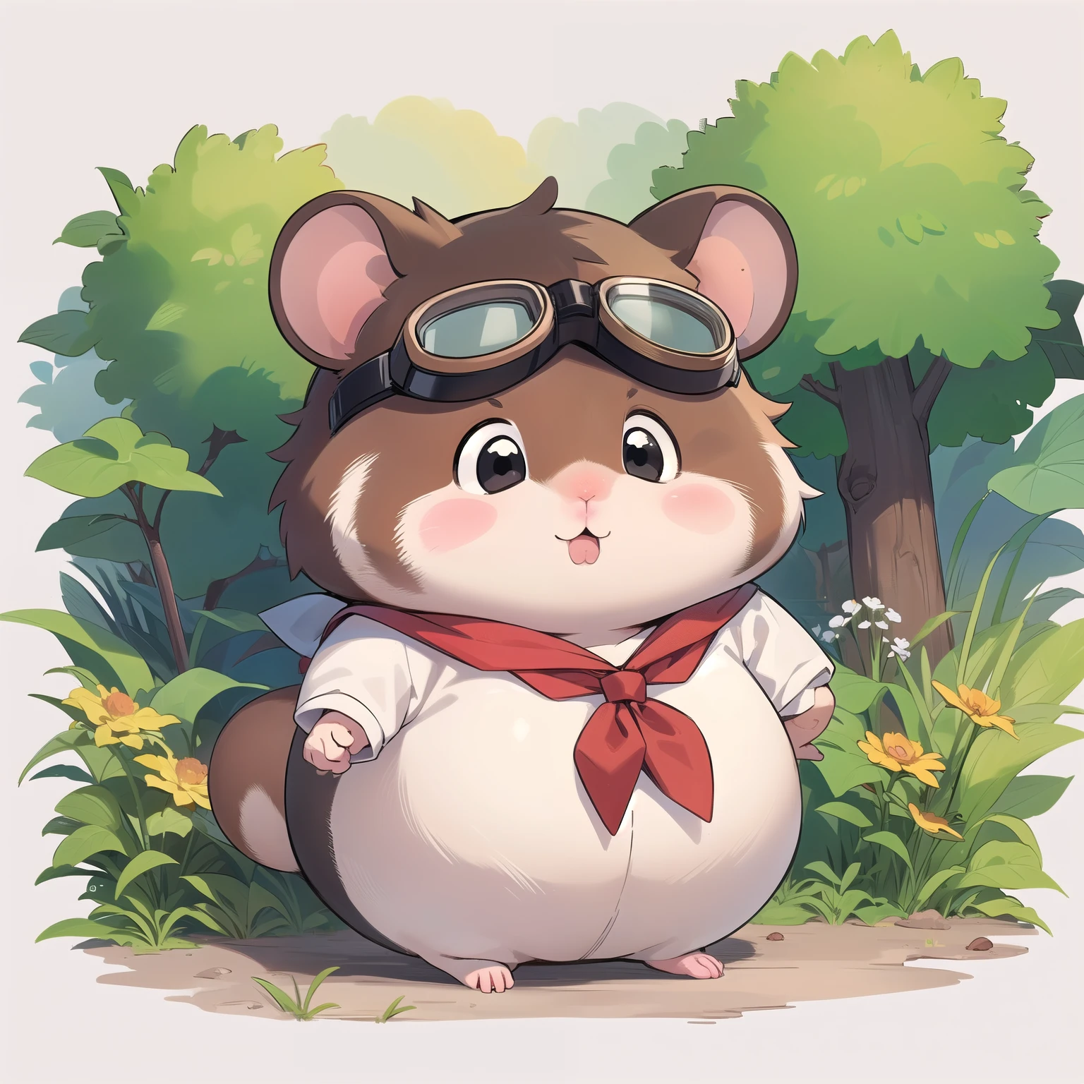 ((hamster, chubby:0.8, goggles on forehead, animal solo, hamster focus, full body)), cute, cool, red neckerchief, adventurer, best_quality, design, hires, highly detailed