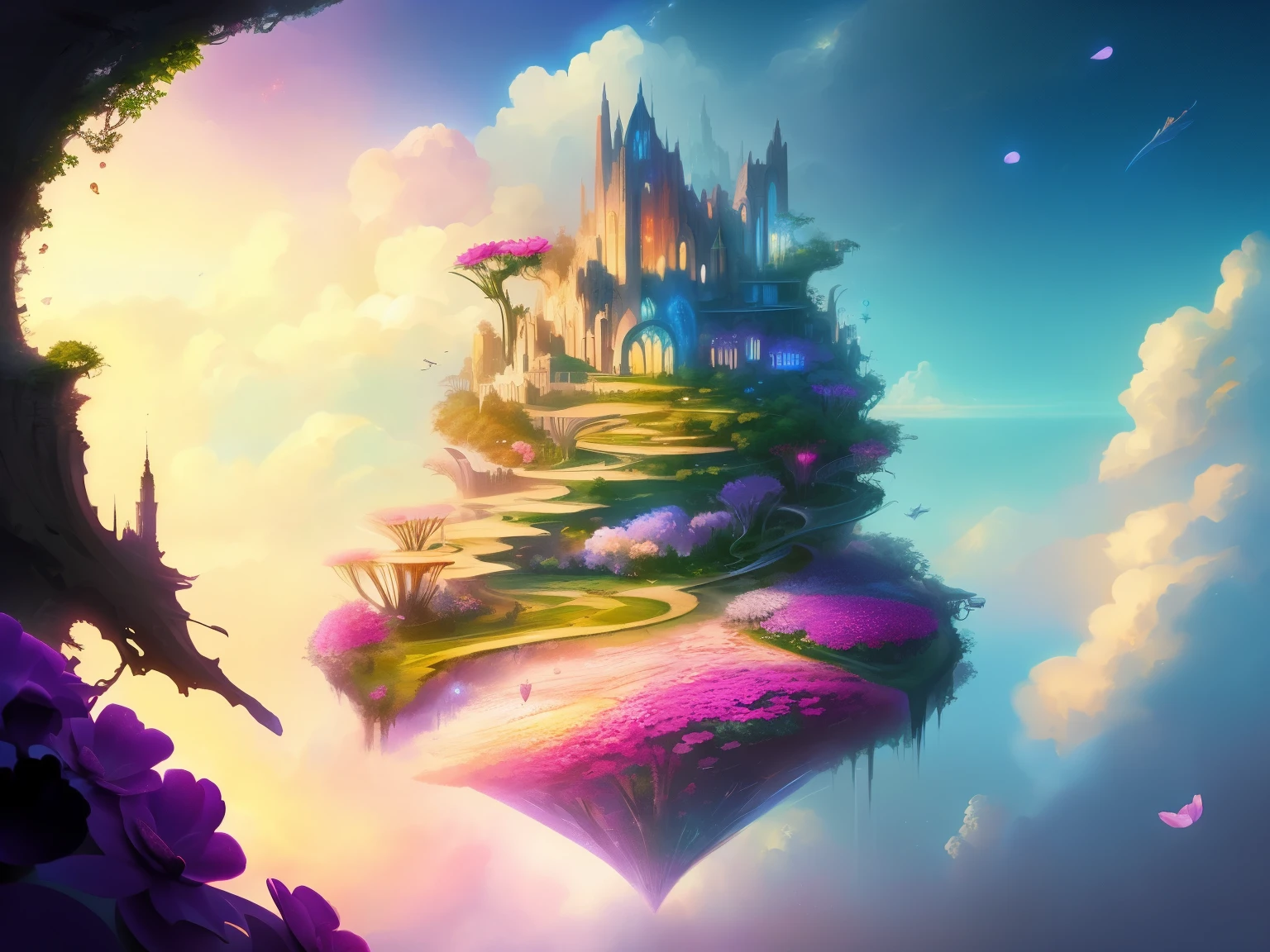 Sky gardeneautiful world in imagination,Flowers bloom,Romantic and wonderful fantasy,concept-art