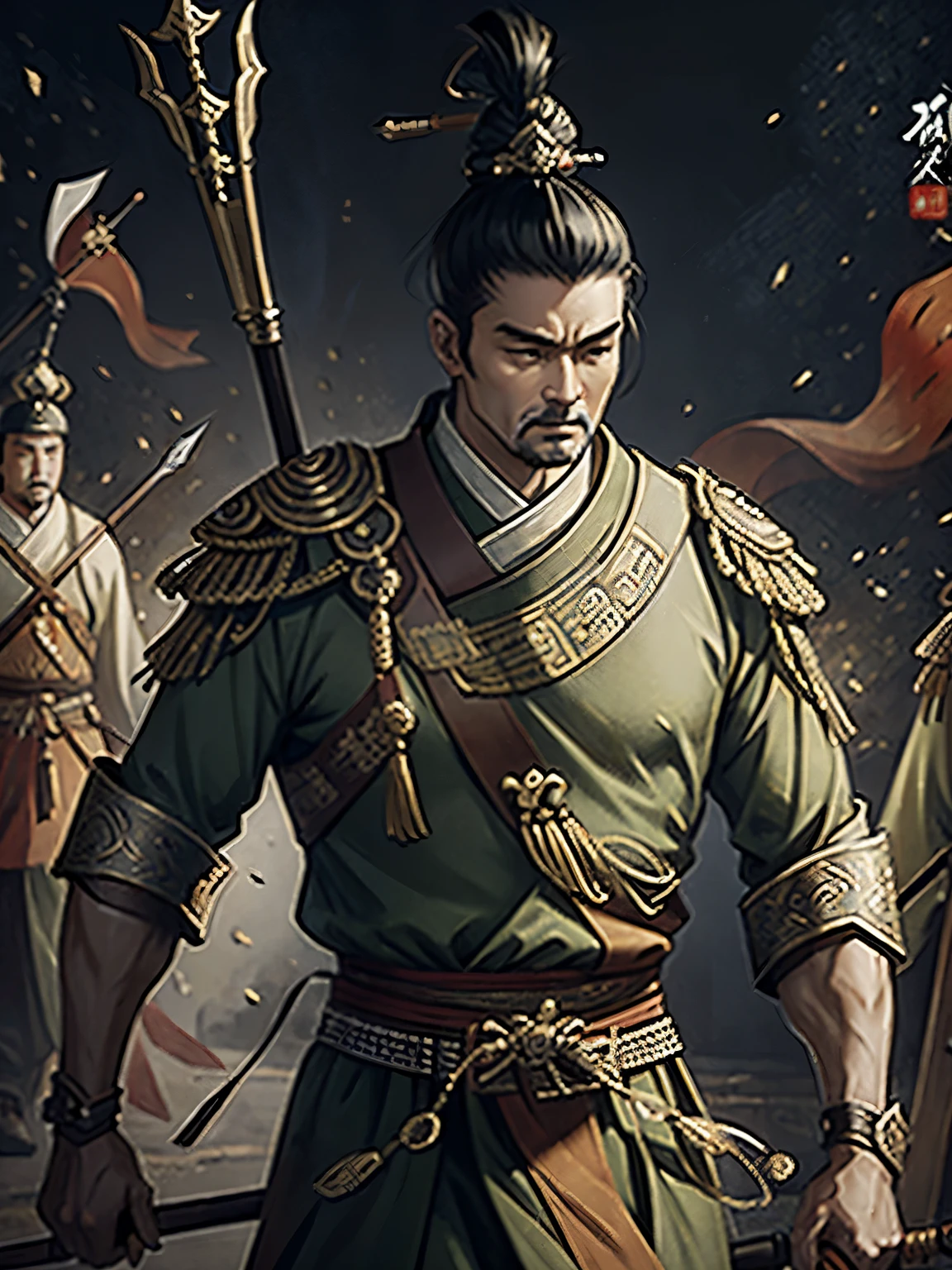 With a spear,Ancient officers and soldiers,There are a lot of soldiers behind him,In his forties,Chinese Ancient Times,Classical ink painting