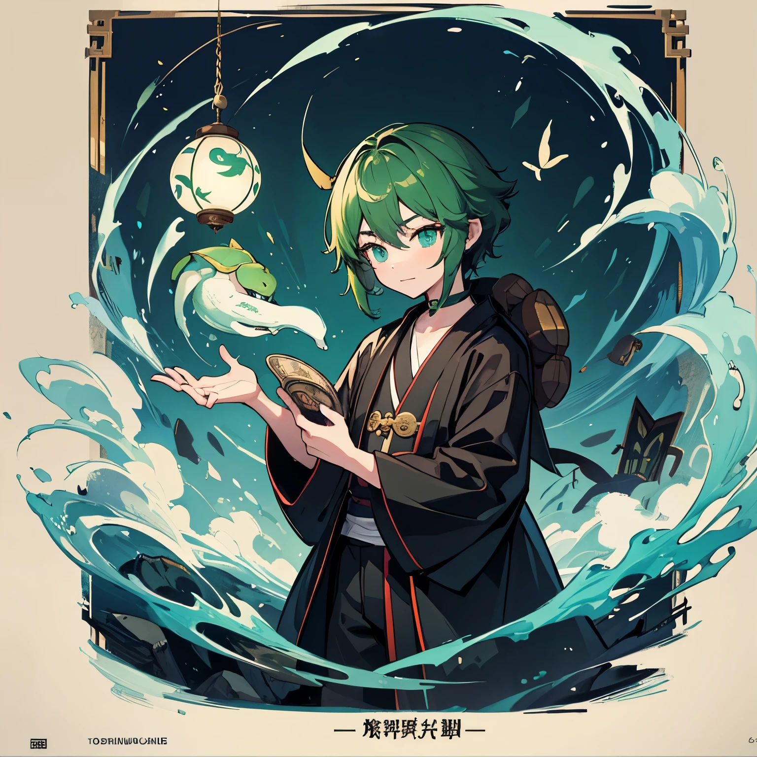 （high high quality，hyper-detailing，special masterpiece，concept-art，Very detailed art品，Surreal painting）Libido boy，Shota，full bodyesbian，Xuanwu，Fairy wind road bone，Very detailed art，Turtle，Dark green色Taoist robes，Taoist robes，A fortune teller man，Dark green，墨 Turtle   Turtle   Turtle