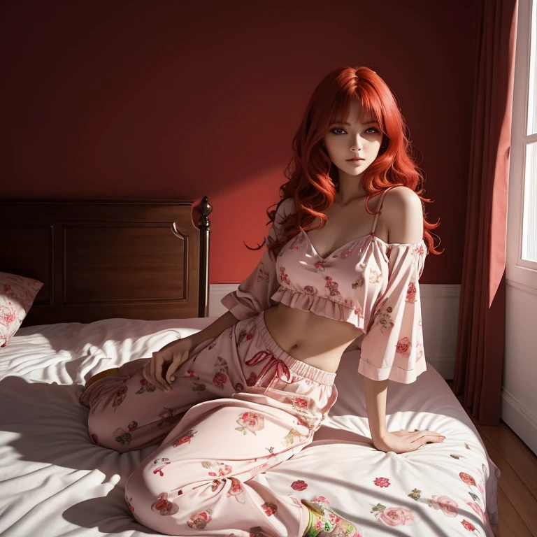 sfw, best quality, ultra high resolution, ultra detailed face and eyes, detailed body (photorealistic: 1.4), (1 woman: 1.4), (nude:1.4), (transparent lingerie:1.3), white skin, detailed background (bedroom: 1.2), front view, (gray light: red hair: 1.4), white open button shirt, looking at the viewer, smiling, cute, (small butt), (long legs), (flat chest: 1.5), narrow waist, red eyes, body (head shot) legs), professional light, facial focus, redhead, elegant, thin fabric, floss, (small lingerie:1.3), transparent panties, tiny panties, thin fabric