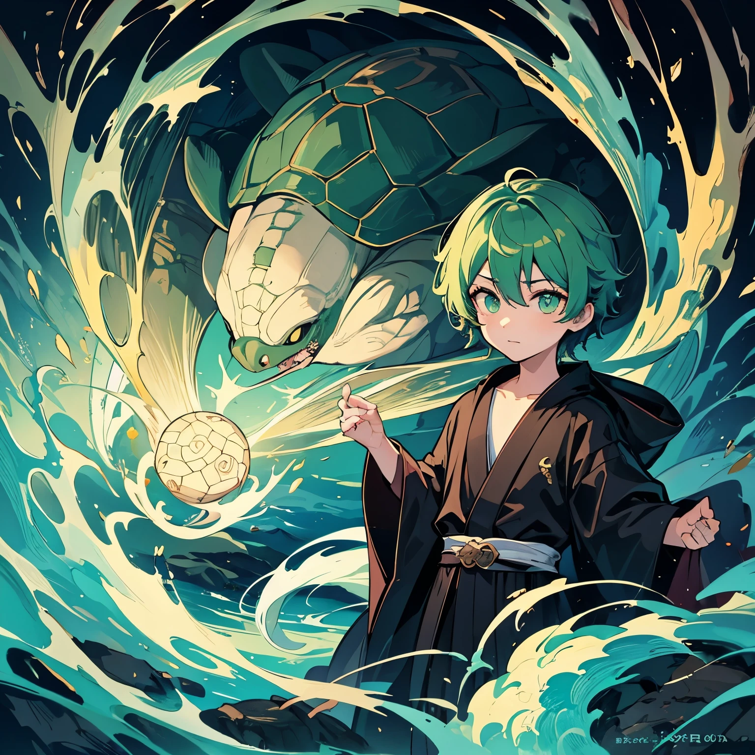 (high high quality,hyper-detailing,special masterpiece,concept-art,Very detailed art品,Surreal painting)Libido boy,Shota,full bodyesbian,Xuanwu,Fairy wind road bone,Very detailed art,Turtle,Dark green色Taoist robes,Taoist robes,A fortune teller man,Dark green,墨 Turtle Turtle Turtle