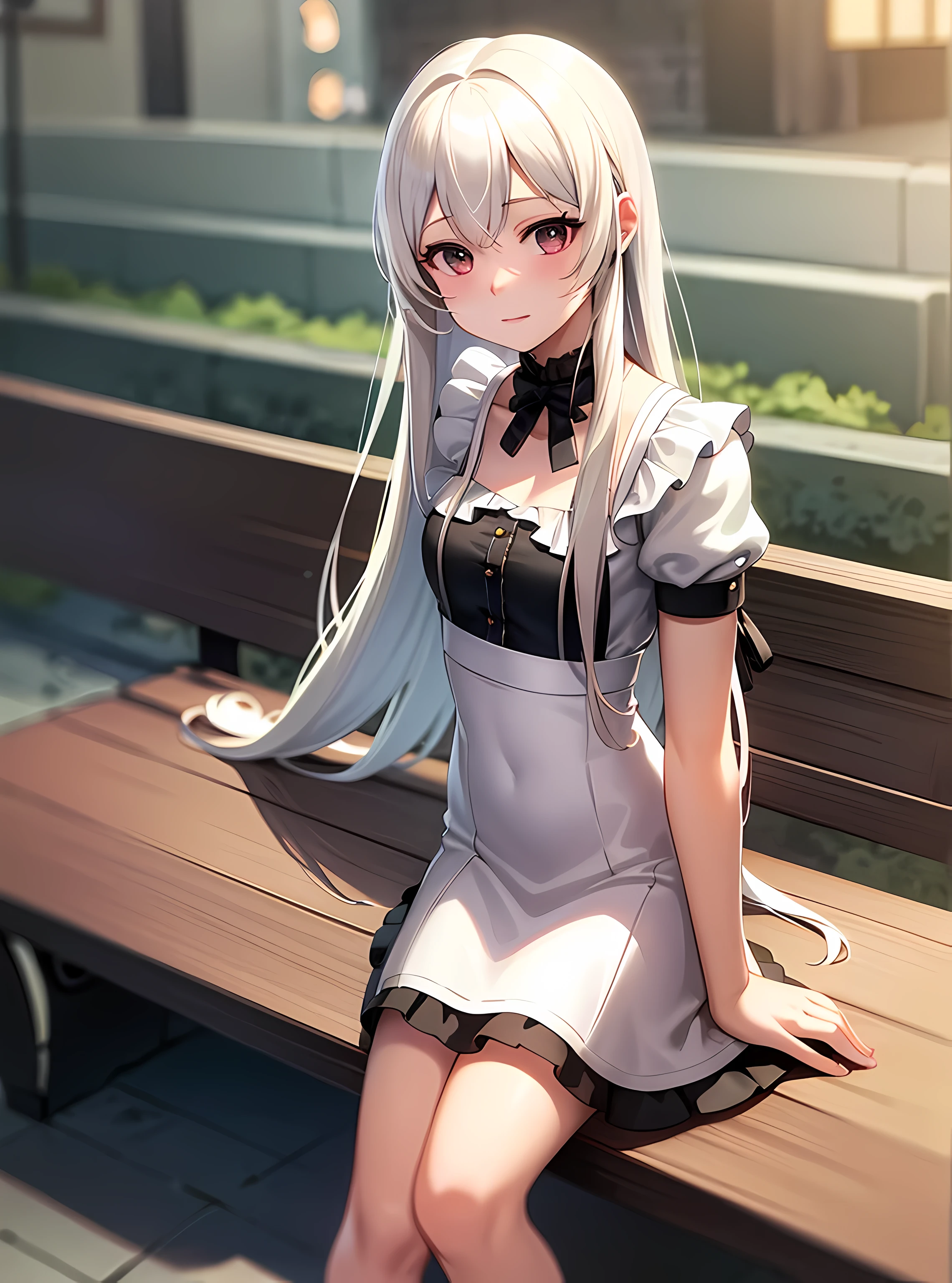 (Best quality at best,4K,A high resolution,tmasterpiece:1.2),ultra - detailed,(actual,photo-actual:1.37),Maid costume anime girl,sitting on a bench, backdrop,best anime 4K konachan wallpaper,Meticulous details,Girl Front,che from Girl Front,nightcore, Street style,Cute anime waifu wearing beautiful clothes,perfect white hair girl,charming anime girls,smooth anime cg art