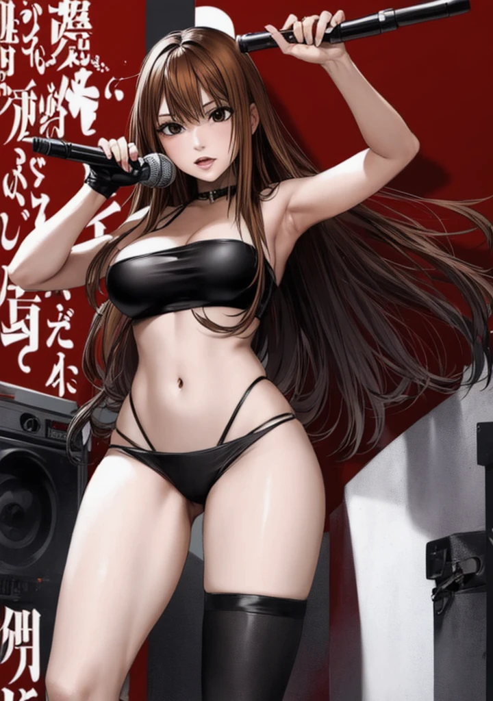 A beautiful adult woman with long, shoulder-length hair, big breasts, beautiful legs, and a sharp face is wearing a black tube top that exposes her navel and hot pants shaped like black panties, with her legs spread, holding a microphone and singing on stage. standing at。