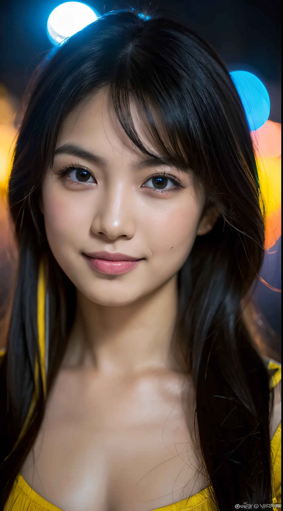 highest quality, epic realistic, ((in the pitch black darkness :1.4)), ((portrait:1.5)),(background: dark ) high contrast ,glorious picture, lowest lux, lighting face, she's comfortable, wearing nothing, , looks incredible, (8k, Raw photo, Highest quality),(epic realistic:1.5), a woman, face,(detailed eyes:0.8),(looking at the camera:1.4), (Highest quality), ( high contrast, deep shadows),Intricate details,cinematic,((skin:1.4)), (long dark hair:1.3), long hair, messy ,(Hdr:1.5),Detailed, colors, Superior quality, Masterpiece, Raw Photo (20-year-old, looking at viewer), beautiful, (wearing plain yellow shirt,), perfect, natural, perfect composition, portrait, perfect face, smiling expression, Captivating eyes, Bright details, Tight lips, (High Skin Detail),, (blue tint: 0.6), (sale: 0.8), (bloody: 0.7), Key lighting , (backlight: 0.5), Medium depth of field, Canon 5d, 50mm lens, f/4 apertures, (Ultra-detailed, Complex detail), sharp focus, soft colors, 8k, Absurd, 80mm, bokeh background, photography, smiling, pinay, filipina, large boobs, neon lights background, bokeh