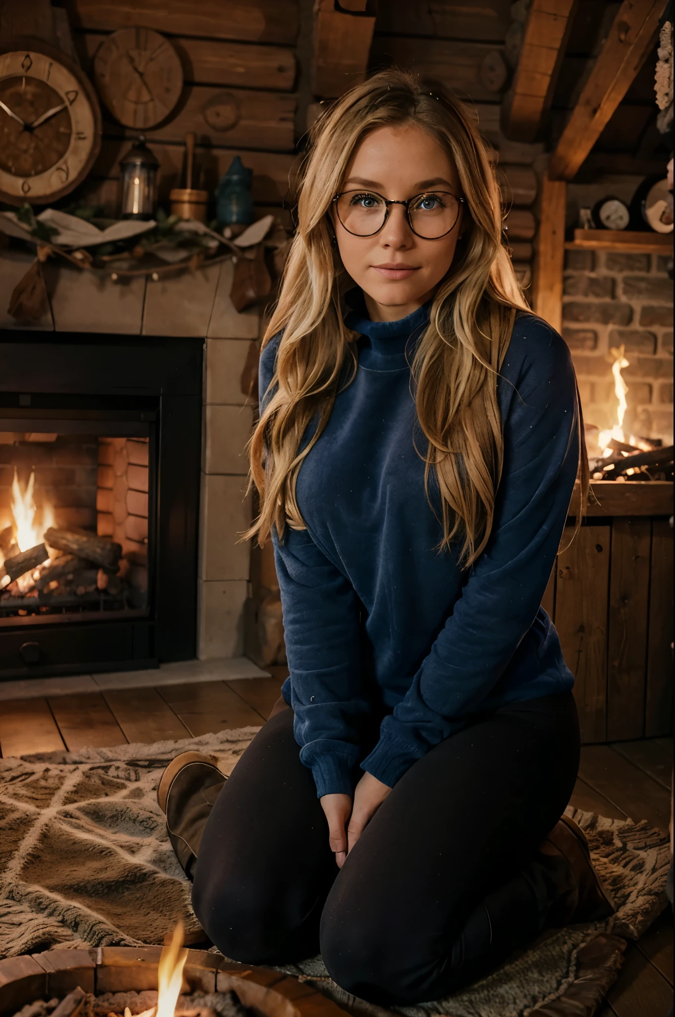 1woman, ombré blonde hair, beautiful blue eyes, freckled face, circle glasses, creame sweatshirt, seamless black leggings, fuzzy faux fur boots, ugg style boots, sitting on her knees, log cabin by fire place background, full body portrait.