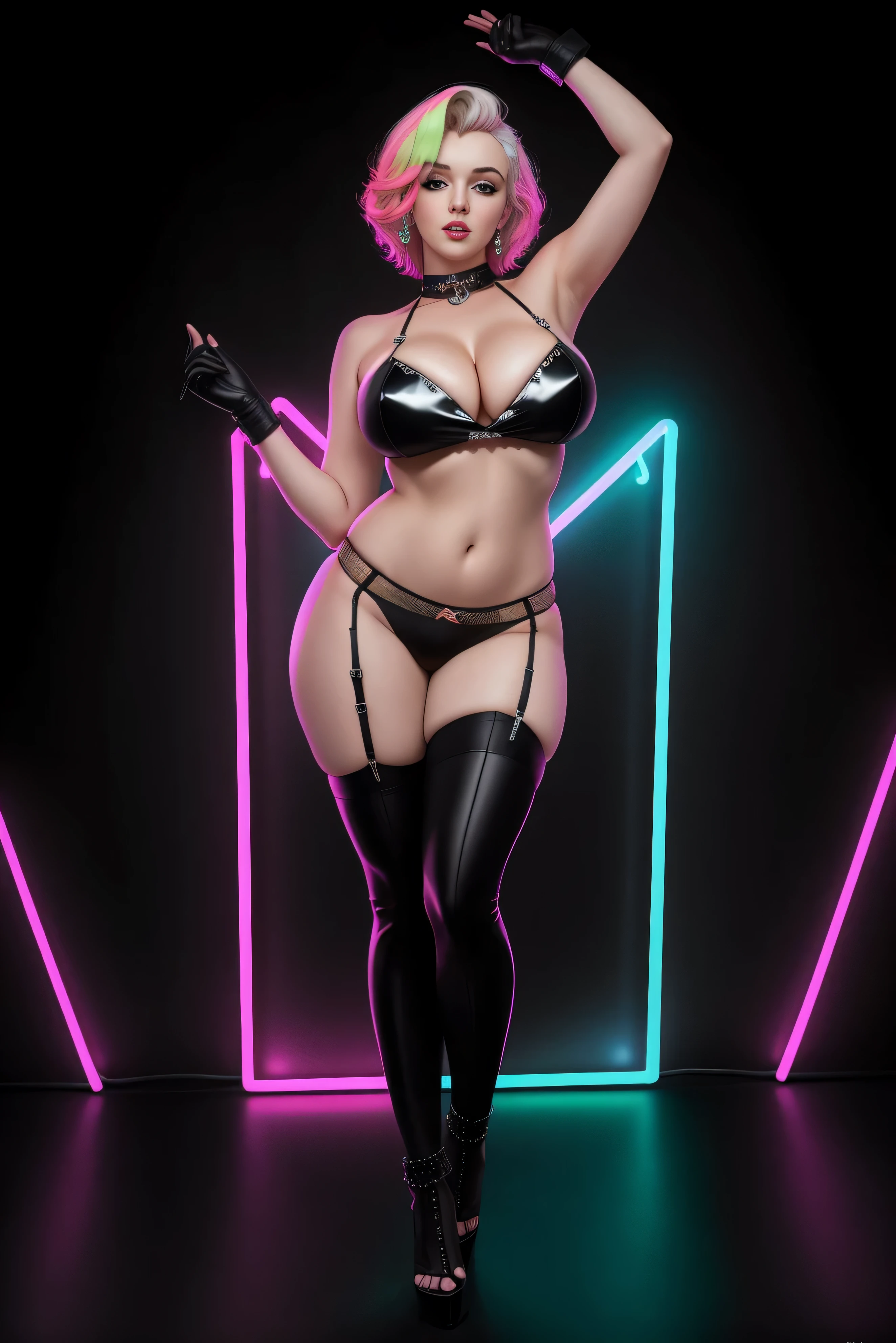 there  Marilyn Monroe standing, neon hair, 3 d neon art of a womans body, neon-noir background, cyberpunk femme fatale, seductive cyberpunk dark fantasy, cyberpunk strip clubs, cyberpunk 20 y. o model girl, oppai cyberpunk, banner, high definition cgsociety, cgsociety masterpiece, trending on cgstation, kda, random hair, looking at camera, gigantic breasts, cleavage, (high detailed skin:1.2), 8k uhd, dslr, super lighting, high quality, film grain, high res, highly detailed, hyper realistic, beautiful face, beautiful body, beautiful eyes nose lips, alluring expression, very bold, upper boobs visible, full body photo, standing legs apart, pale translucent glowing skin, most beautiful face, cute, (well defined pubic hair:1.2)), (dark plain black background:1.4))