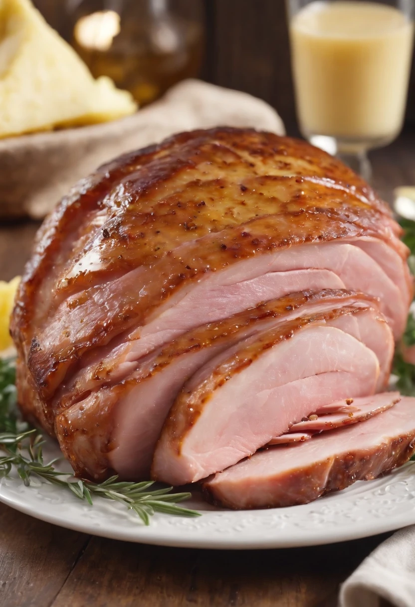 a close-up shot of a perfectly cooked ham, beautifully glazed with a rich, golden mixture of Dijon mustard, honey, and pineapple juice. The glaze should glisten, highlighting its sticky and mouthwatering texture
