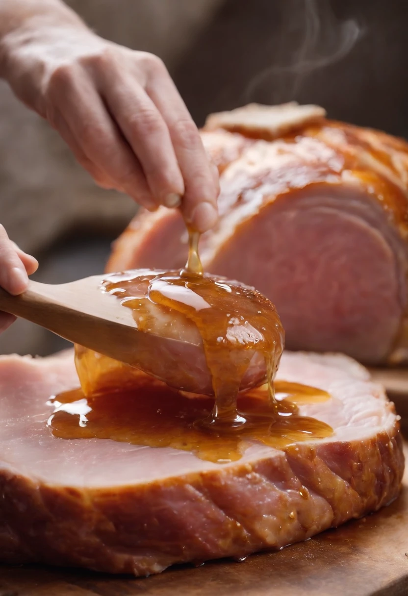 a dynamic shot of a person effortlessly applying the honey glaze onto the ham, using a basting brush. The glaze should be dripping from the brush, showcasing its delicious and flavorful consistency
