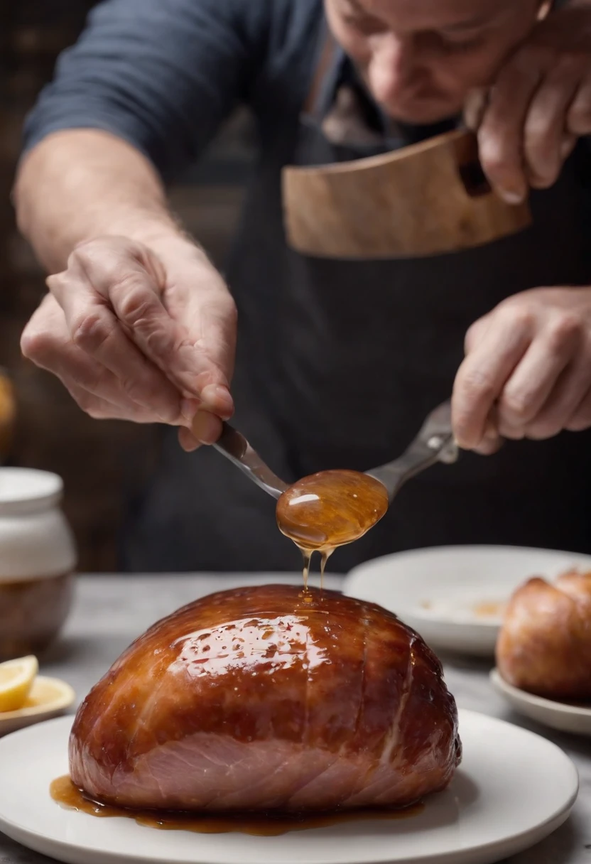 a dynamic shot of a person effortlessly applying the honey glaze onto the ham, using a basting brush. The glaze should be dripping from the brush, showcasing its delicious and flavorful consistency