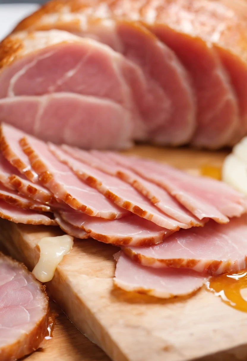 a detail shot of a sliced piece of ham, showcasing its tender and juicy texture. The slice should be topped with a generous amount of honey glaze, emphasizing its glossy appearance and mouthwatering appeal