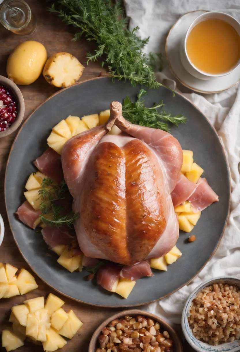 an overhead shot of the ham placed on a beautifully decorated serving platter. The platter should be adorned with fresh herbs, pineapple slices, and a bowl of honey glaze, creating an inviting and appetizing scene