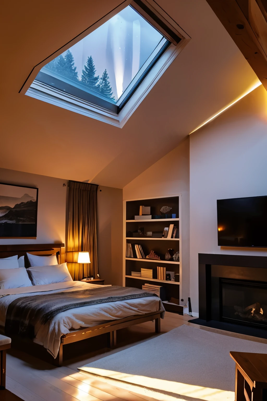 masuter piece　Top image quality　Illustration of a calm bedroom　fireplace　winter colors　lots of indirect lighting　night landscape　teepee　garret　Low ceiling