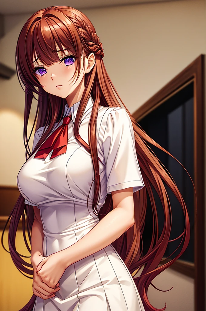 (masterpiece), best quality, 1girl, medium breast, (skinny), long loose hair, light red brown hair, straight hair, french braid, (blunt bangs), hair intakes, long sidelocks, violet eyes, yellow vest, white formal short sleeve shirt, red tie, half body, portrait