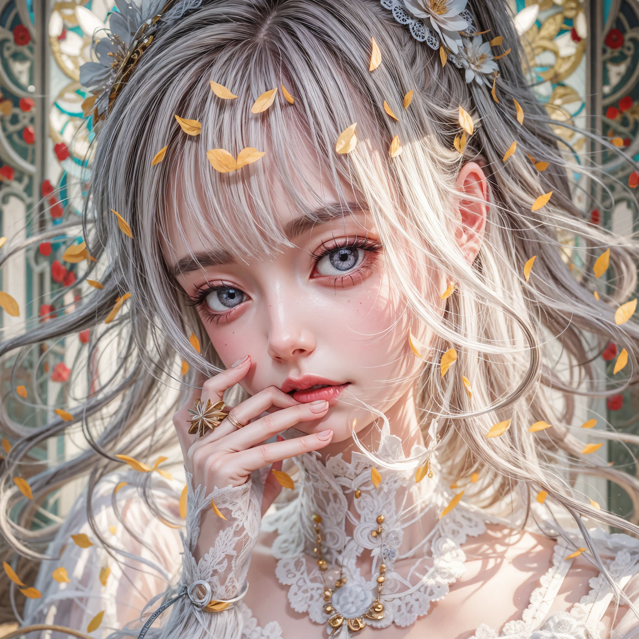 concept art, Tiny junior idol, Delicate lace knitted white clothes, (nipple:-0.9), (face closeup, (Dazzling stained glass Background)), (((Renbutsu Misako), vivid colorful Light shines through delicate stained glass:1.35, Dazzling Halo, Acutance:0.8)), {vivid red |Mystic sight | haze | lense Particle | lens flare | light Particle}. (masterpiece:1.2),(ultra-detailed:1.37),((realistic,photorealistic,photo-realistic:1.37)), (Extremely detailed KAWAII face variations, innocent expression variations), {rosy cheeks | intricate detailed eyes with sparkling highlights | long eyelashes with volume | subtle blush on the face}. {Mystic sight | haze | | blood stained crotch}, impeccable skin texture, captivating gaze, ((Dynamic-angle, physically-based rendering)), whole Body proportions and all limbs are anatomically accurate . full of flowers covering girl's body . (((long tongue, correct hands, not Detailed fingers:-0.9)))