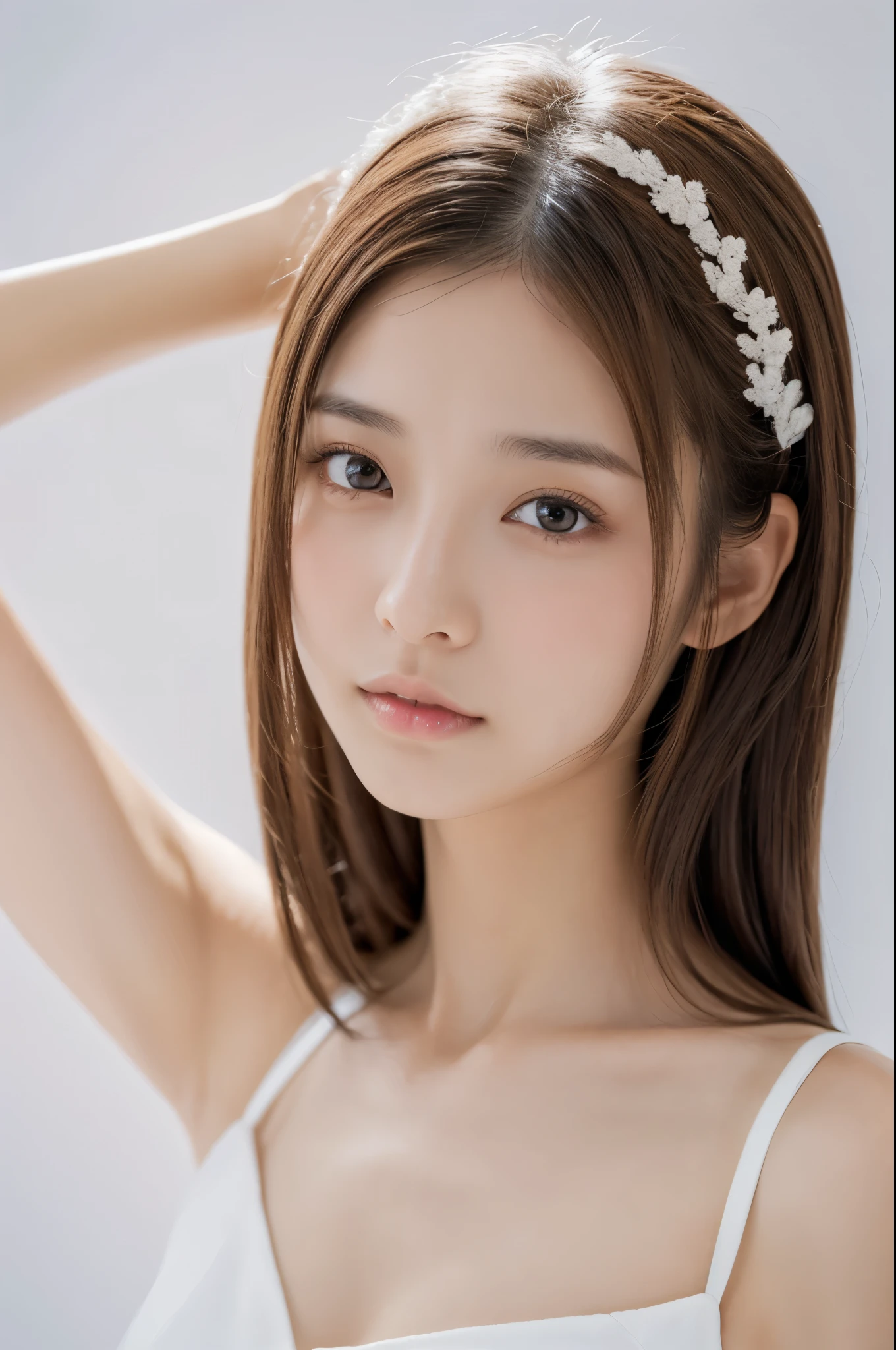 Young japanese lady, 30s, White background, It features a simple背景, white-brown hair, slender, 4K, in 8K, High quality, Beauty, Beautiful eyes, It features a simple, High resolution,1 person,Beautiful skins,Beautiful skin