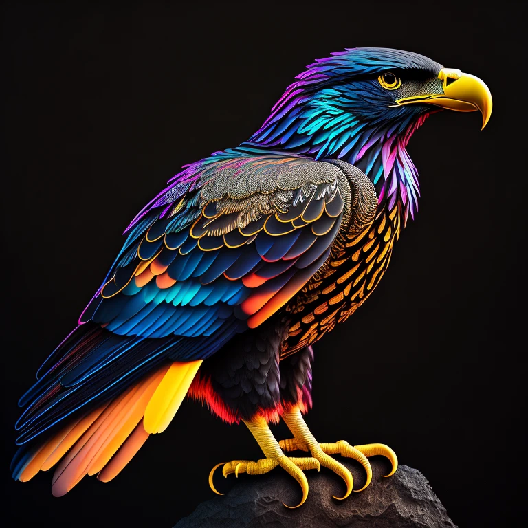 intricate and colorful, (digital painting:1.2) eagle, bright neon plumage, wings and talons extended, in the style of Germany Second World War, German Eagle, Nazi German Eagle, Waffen SS German Eagle, concept art, octane render, trending on artstation, neon-noir background, iolibt, vfx, Blender and Photoshop, octane render, excellent composition, cinematic atmosphere, dynamic dramatic cinematic lighting, aesthetic, very inspirational, arthouse,(dark plain black background:1.4))