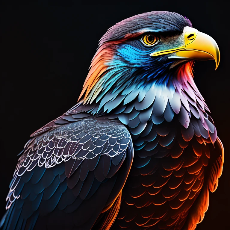 intricate and colorful, (digital painting:1.2) eagle, bright neon plumage, wings and talons extended, in the style of Germany Second World War, German Eagle, Nazi German Eagle, Waffen SS German Eagle, concept art, octane render, trending on artstation, neon-noir background, iolibt, vfx, Blender and Photoshop, octane render, excellent composition, cinematic atmosphere, dynamic dramatic cinematic lighting, aesthetic, very inspirational, arthouse,(dark plain black background:1.4))