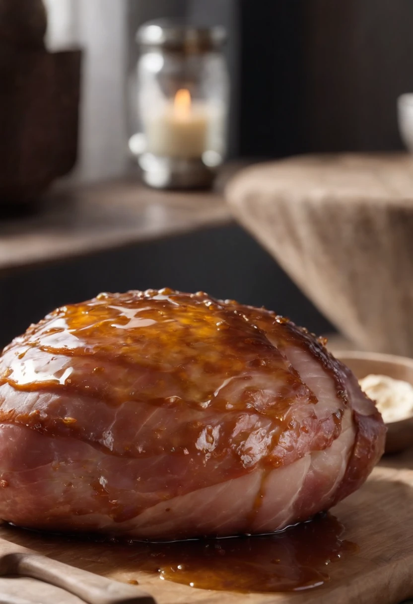 a reflective shot of the ham, with the honey glaze reflecting off its surface. The reflection should be clear and vibrant, showcasing the sweet and sticky nature of the glaze