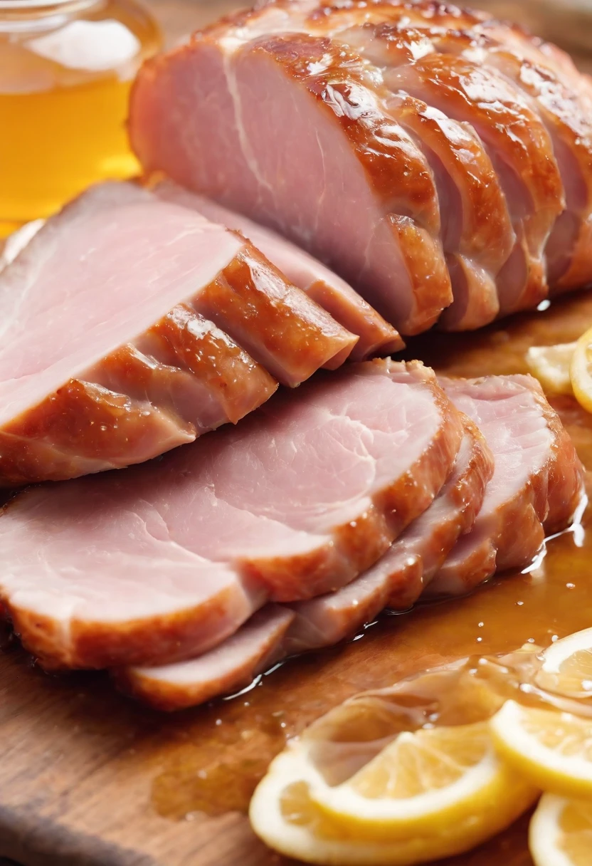 a reflective shot of the ham, with the honey glaze reflecting off its surface. The reflection should be clear and vibrant, showcasing the sweet and sticky nature of the glaze