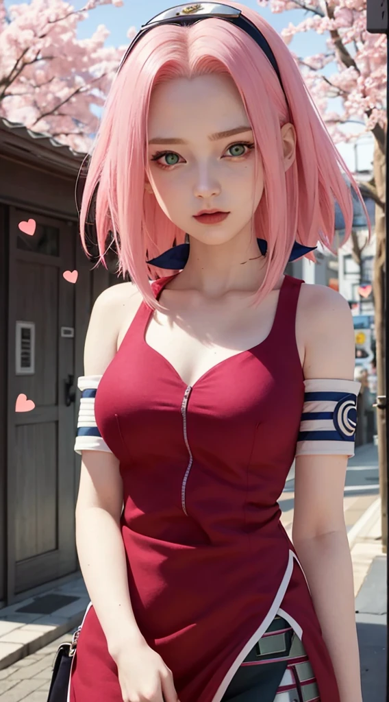 young woman, pale skin, short bubblegum pink hair, wide forehead, emerald green eyes, buttoned nose, peach lips, heart-shaped face, slender, red clothes, Sakura Haruno, 3d, realism, angelic face, maya in re