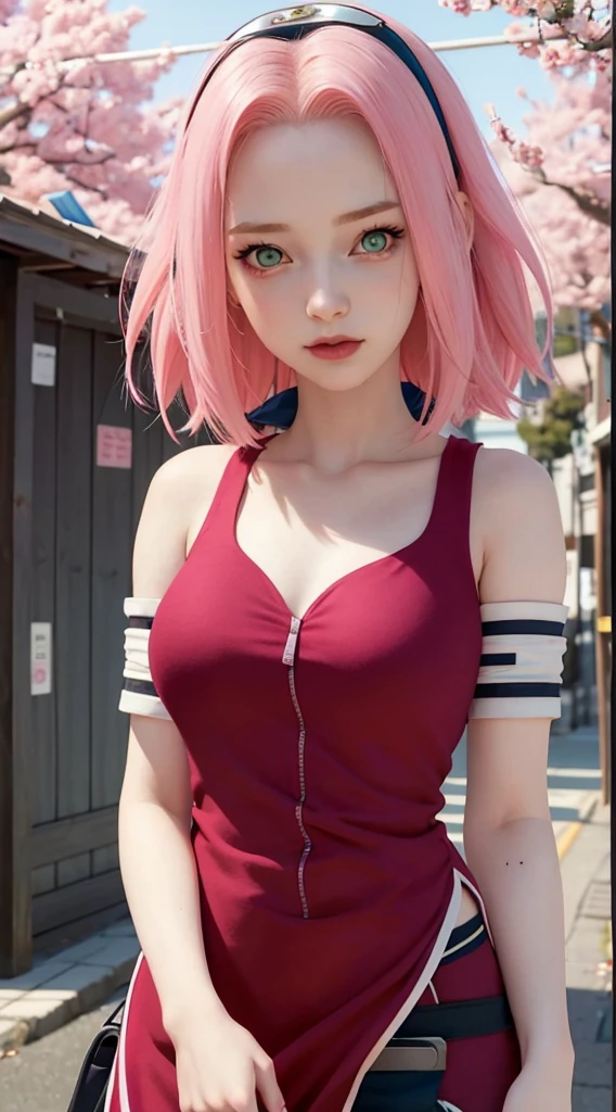 young woman, pale skin, short bubblegum pink hair, wide forehead, emerald green eyes, buttoned nose, peach lips, heart-shaped face, slender, red clothes, Sakura Haruno, 3d, realism, angelic face, maya in re