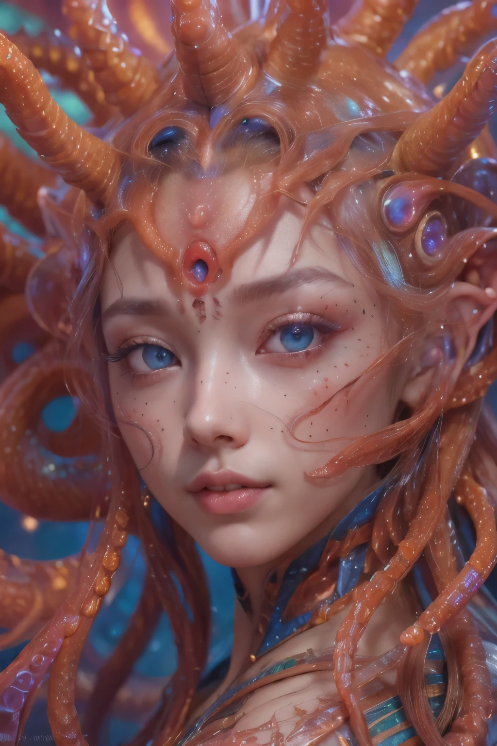 Portrait, (beautiful female alien:1.2), (There is a female genital-like organ in the middle of the forehead:1.8), (The most beautiful face in the history of the universe:1.2), (scarlet eyes:1.6), (Translucent skin:1.8), an evil gaze that seduces , (red eyes:1.5), Full body like, (sexypose:1.5), alien, No humans, cells are fused, (Lots of translucent tentacles:1.1) (Translucent skin:1.3), extraterrestrial, cell, bio image, 魅惑的, Best Quality, 8K,4K_quality, high definition, Dramatic Lighting, masutepiece:1.5,cinematic quality, detail up, (Intricate details:1.2), high resolution, High Definition, drawing faithfully, (Thick eyebrows:1.2), Beautiful eyes with fine symmetry, (Ultra detailed eyes:1.2),(Highly detailed face and eyes:1.2), (High-resolution red-eye:1.4), Intimate face, (Super detailed skin quality feeling:1.4), Perfect Anatomy, (Beautiful toned body:1.5), (Moist skin:1.2), No makeup, (dark circles:1.1), long canines, cinematic drawing of characters, ultra high quality model, cinematic quality, detail up, (Intricate details:1.2), high resolution, High Definition, drawing faithfully, Official art, Unity 8K wall , 8K Portrait, Best Quality, Very high resolution, ultra detailed artistic photography, midnight aura, unreal engine 5, Ultra Sharp Focus, art by alberto seveso, ArtGerm, Roisch, intricate artwork, Medusa, best quality, masterpiece, ultra high resolution, (photos realistic:1.4), Ultra-realistic realism, dream-like, nautilus, Creation of fantasy, Snail, Dream Snail, biopunk nautilus, thrilling color schemes, Ultra-realistic realism, seductively smiling, blue tentacles