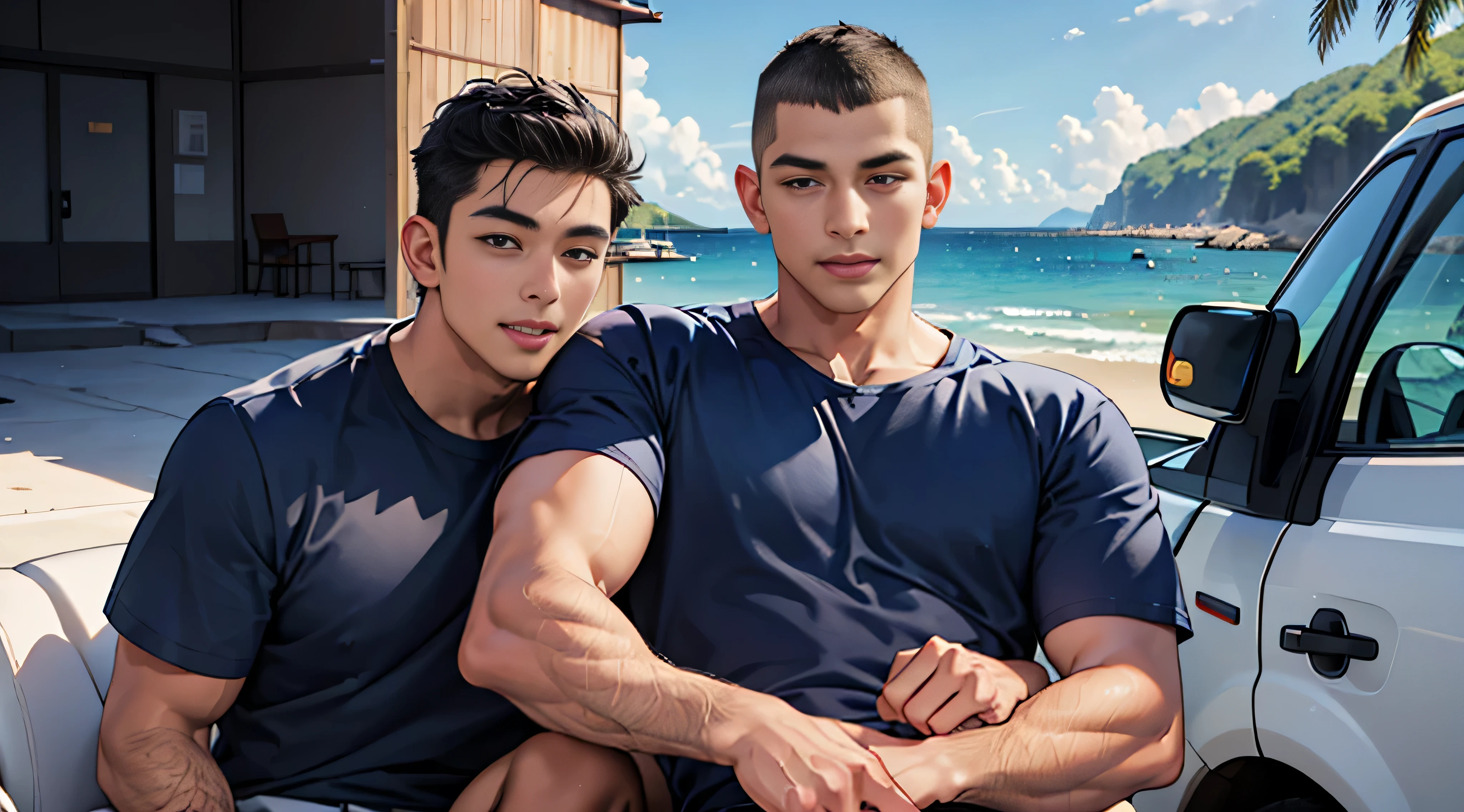 Two sweating dirty muscular  European teenage boy scouts in wet underwear with a very large and long bulge in the perineum on ocean beach.  Short  blond hair cut.  Clear faces