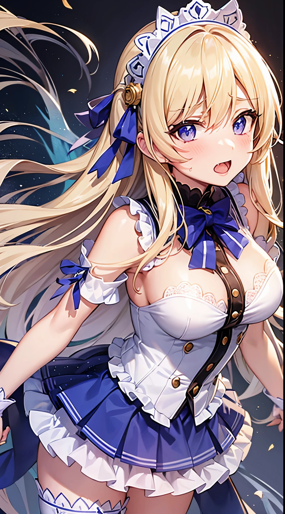 anime girl with long blonde hair and blue eyes in a white dress, small curvy , blonde anime girl with long hair, anime goddess, seductive anime girl, render of april, ecchi, from the azur lane videogame, splash art anime loliegao, loli in s, loli, pixiv , ahegao, blush, sweat, open mouth, rolling eyes, tears, tongue out, skirt lift by myself, showing panties, nsfw,