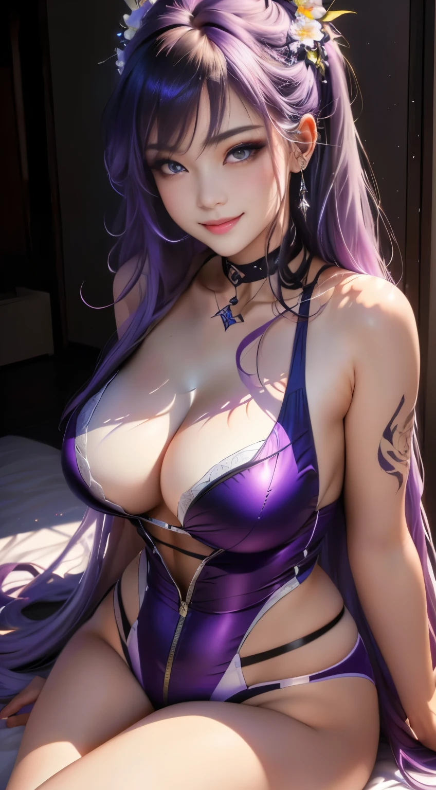 (tmasterpiece,Best quality),A beautyful girl,saints,High- sharpness,highest quality,illuminations,电影灯光,ultra - detailed,Detailed faces,Detailed eye quality,ultra - detailed,tmasterpiece,Detailed faces,ear nipple ring,choker necklace,sporty attire,Purple underwear,Revealing silver clothes,More detailed,glowing light eyes,inns:1.2,sit on a bed,sitting down,bunk,window,nigh sky,后窗的llight rays是背光的,llight rays,hight contrast,One color,Crispy,Chopping,Thin leg,big chest and thin waist,skin texture,White flowers,long eyelasher, light smile, square, Purple colored hair, Very long hair, widow peak,There are flowers on the head,a purple eye, Charming purple eyes,a pink eyes, grinning smile, naghty face, light blush, chin grab, cel shadow, stereograms, Standing painting, atmosphric perspective, Hyper-realism, 8K, super detailing, acurate, Best quality at best, A high resolution, high qulity, Anatomically correct, 巨作