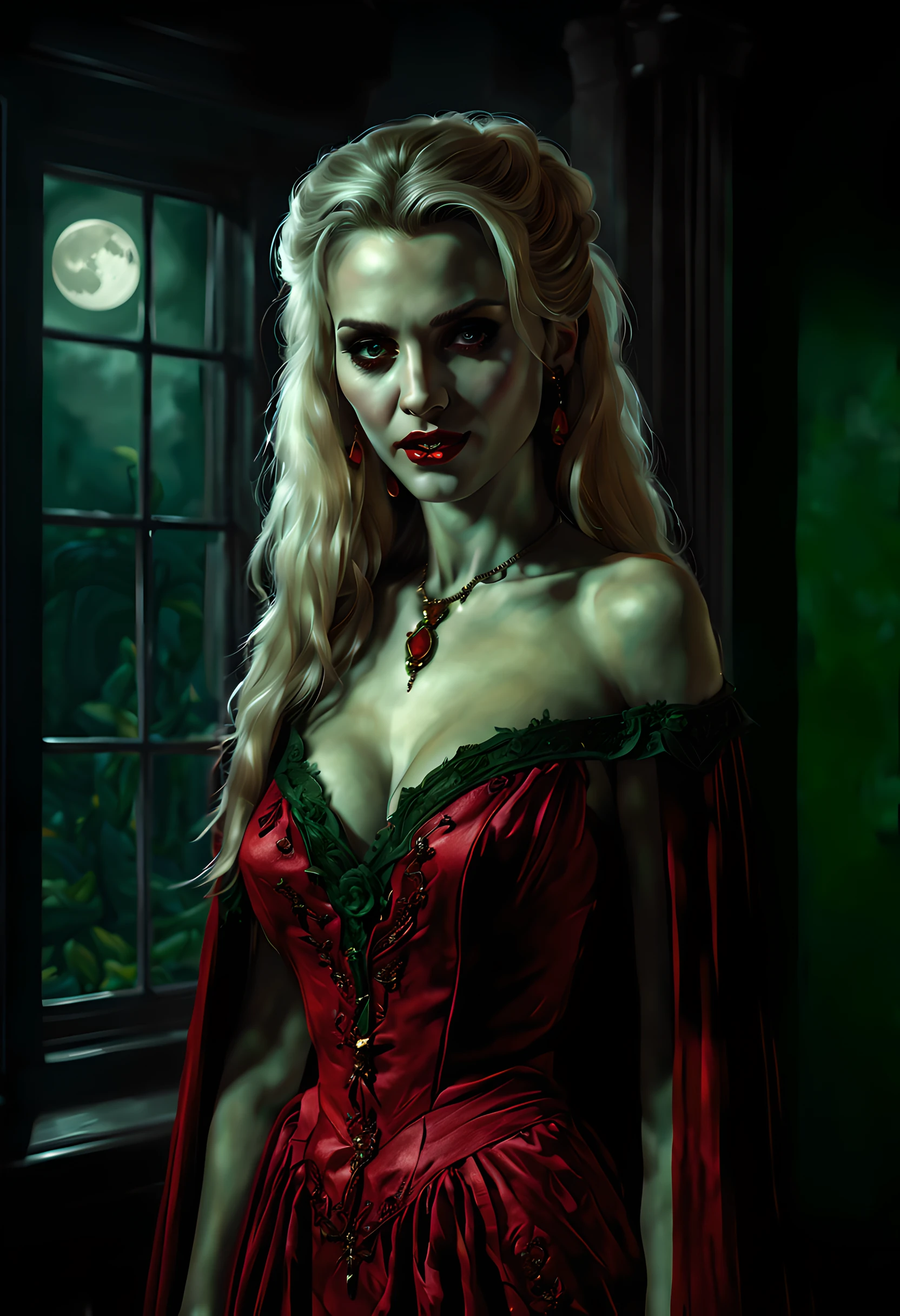 a picture of vampire standing in the front of her home, an exquisite beautiful female vampire in her front door of her home, full body (ultra detailed, Masterpiece, best quality), ultra detailed face (ultra detailed, Masterpiece, best quality), grey skin: 1.3 , blond hair, hair in a ponytail, long hair, blue eyes, cold eyes, glowing eyes, intense eyes, smile with [drops of blood on face] (ultra detailed, Masterpiece, best quality), dark red lips, [vampire fangs], wearing (red: 1.4) dress (ultra detailed, Masterpiece, best quality), (green: 1.4) dark green cloak, (green: 1.3) green high heeled boots in front of her home, torchlight, Cinematic Shot, Cinematic Lighting high details, best quality, 16k, [ultra detailed], masterpiece, best quality, (ultra detailed), full body, ultra wide shot, photorealism, dark fantasy art, moon light coming through the window, moon rays, gothic art, sense of dread, sense of seduction, bloodmagic