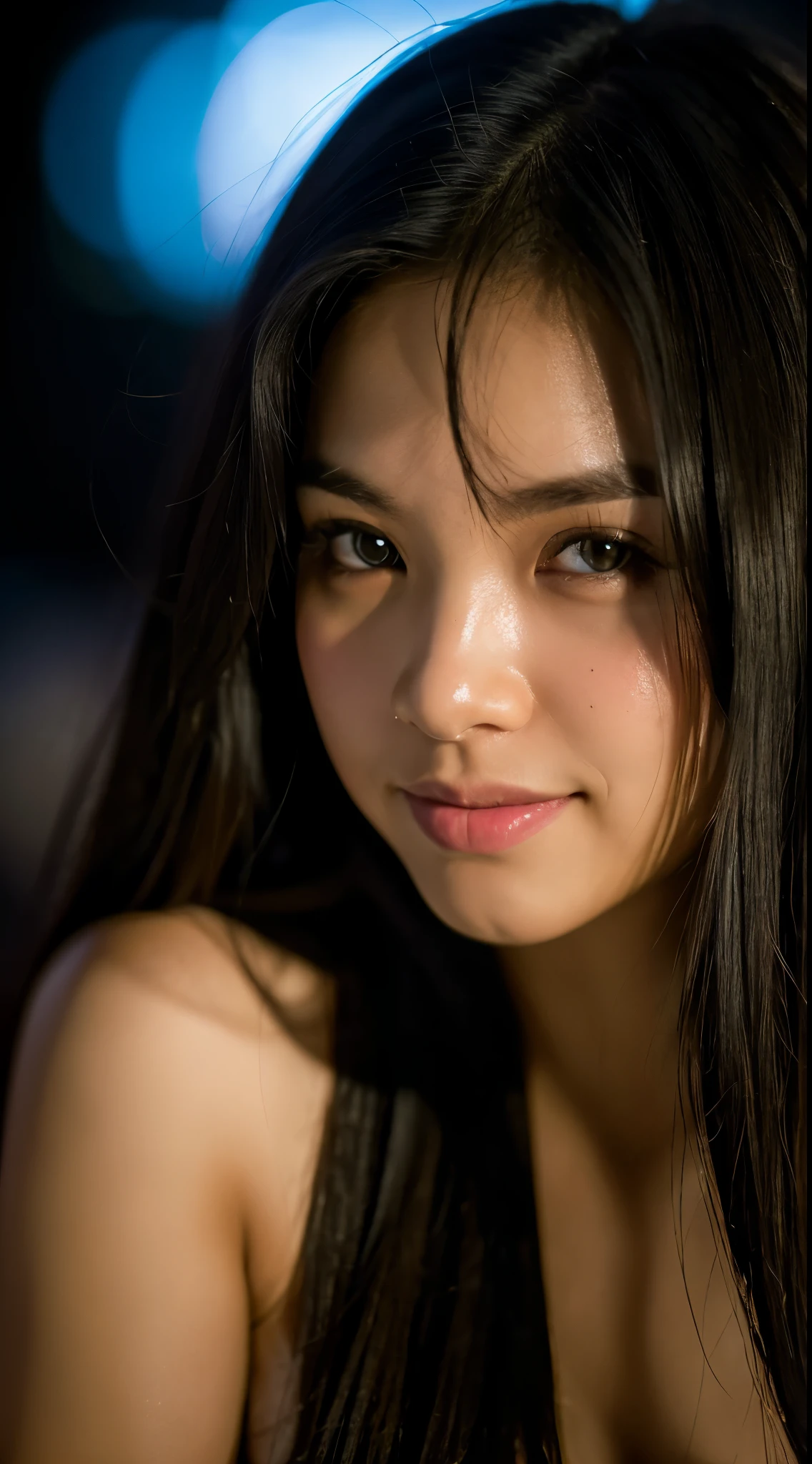 highest quality, epic realistic, ((in the pitch black darkness :1.4)), ((portrait:1.5)),(background: dark ) high contrast ,glorious picture, lowest lux, lighting face, she's comfortable, wearing nothing, , looks incredible, (8k, Raw photo, Highest quality),(epic realistic:1.5), a woman, face,(detailed eyes:0.8),(looking at the camera:1.4), (Highest quality), ( high contrast, deep shadows),Intricate details,cinematic,((skin:1.4)), (long dark hair:1.3), long hair, messy ,(Hdr:1.5),Detailed, colors, Superior quality, Masterpiece, Raw Photo (20-year-old, looking at viewer), beautiful, (wearing plain yellow shirt,), perfect, natural, perfect composition, portrait, perfect face, smiling expression, Captivating eyes, Bright details, Tight lips, (High Skin Detail),, (blue tint: 0.6), (sale: 0.8), (bloody: 0.7), Key lighting , (backlight: 0.5), Medium depth of field, Canon 5d, 50mm lens, f/4 apertures, (Ultra-detailed, Complex detail), sharp focus, soft colors, 8k, Absurd, 80mm, bokeh background, photography, smiling, pinay, filipina, large boobs, neon lights background, bokeh