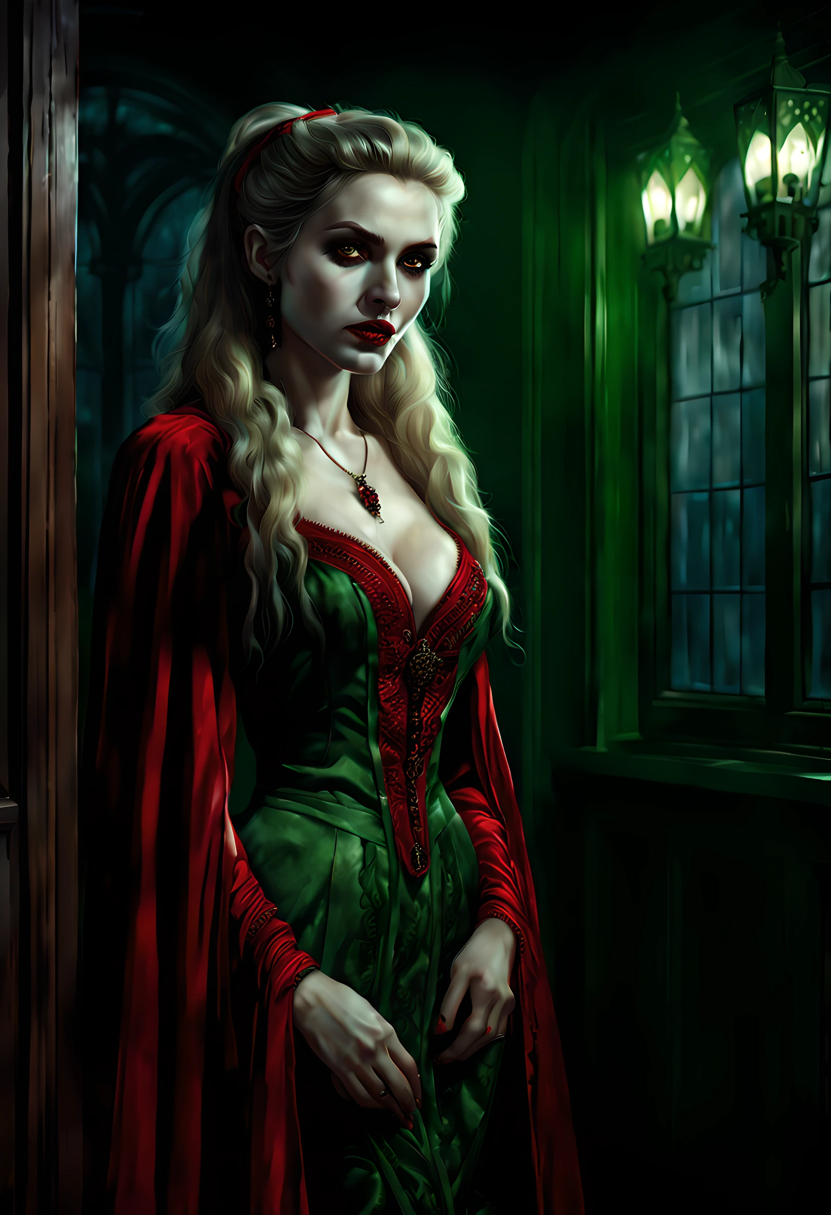 a picture of vampire standing in the front of her home, an exquisite beautiful female vampire in her front door of her home, full body (ultra detailed, Masterpiece, best quality), ultra detailed face (ultra detailed, Masterpiece, best quality), grey skin: 1.3 , blond hair, hair in a ponytail, long hair, blue eyes, cold eyes, glowing eyes, intense eyes, smile with [drops of blood on face] (ultra detailed, Masterpiece, best quality), dark red lips, [vampire fangs], wearing (red: 1.4) dress (ultra detailed, Masterpiece, best quality), (green: 1.4) dark green cloak, (green: 1.3) green high heeled boots in front of her home, torchlight, Cinematic Shot, Cinematic Lighting high details, best quality, 16k, [ultra detailed], masterpiece, best quality, (ultra detailed), full body, ultra wide shot, photorealism, dark fantasy art, moon light coming through the window, moon rays, gothic art, sense of dread, sense of seduction, bloodmagic