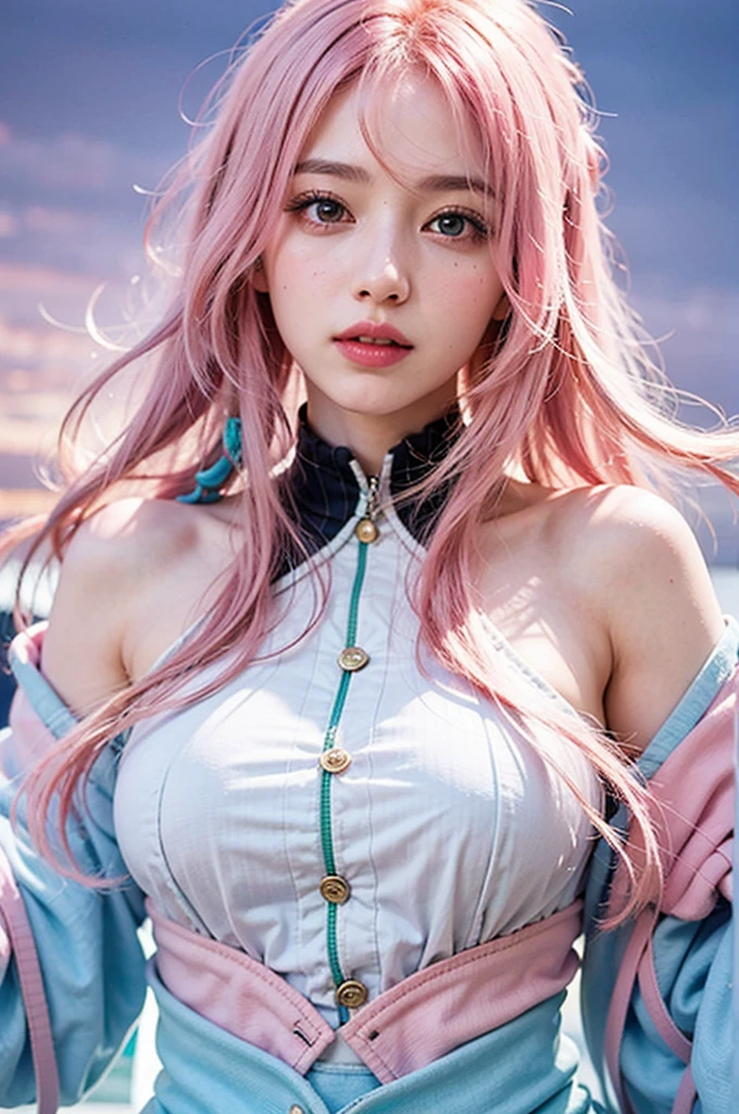 young woman, pale skin, short bubblegum pink hair, wide forehead, emerald green eyes, buttoned nose, peach lips, heart-shaped face, slender, red clothes, Sakura Haruno, 3d, realism, angelic face, maya in net