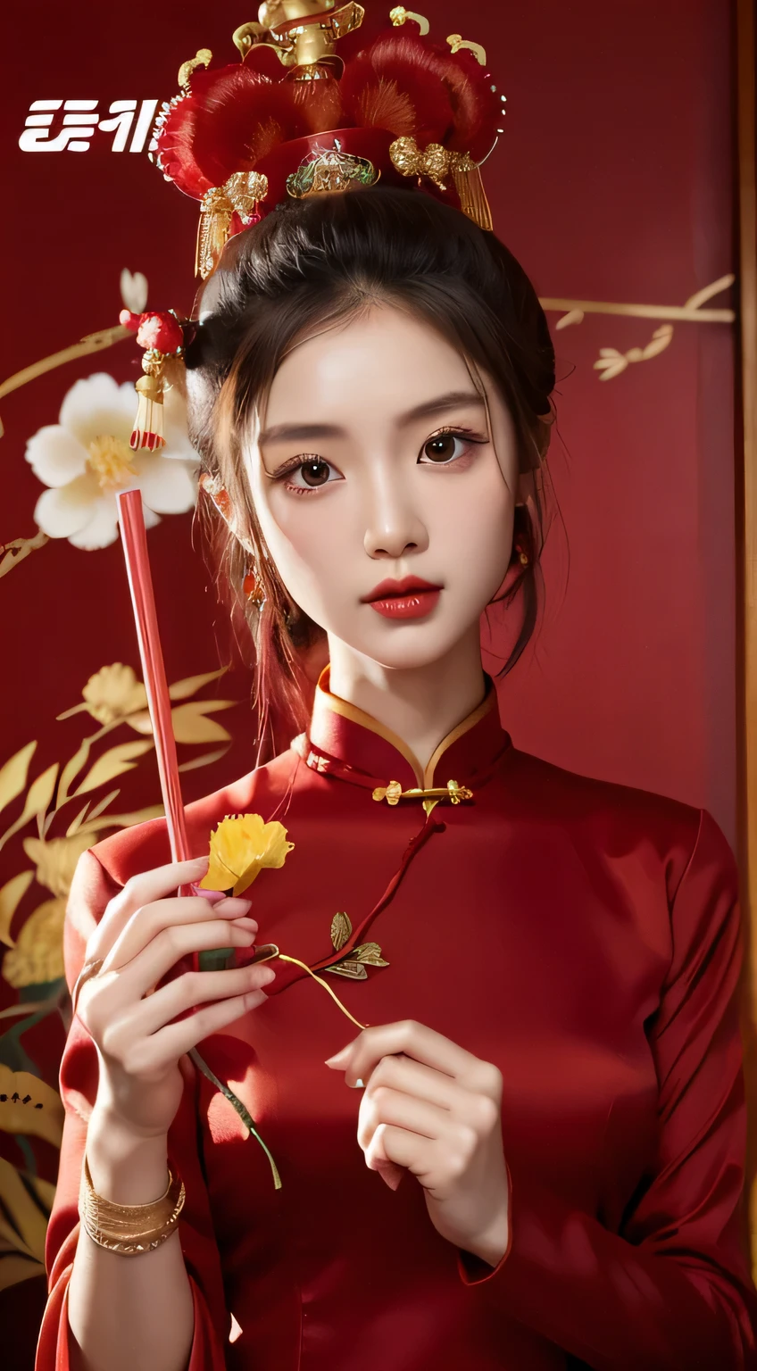 Fide woman in red dress holding red bag，There is a red flower on it, wearing a red On the cheongsam, china idolGirl, china idol, On the cheongsam, china idol woman, wearing red clothes, Match with ancient china idol costumes, rich red colors, china idol traditional, china idol traditional clothing, beautiful Korean women, red theme, On the cheongsam, gorgeous chinese models