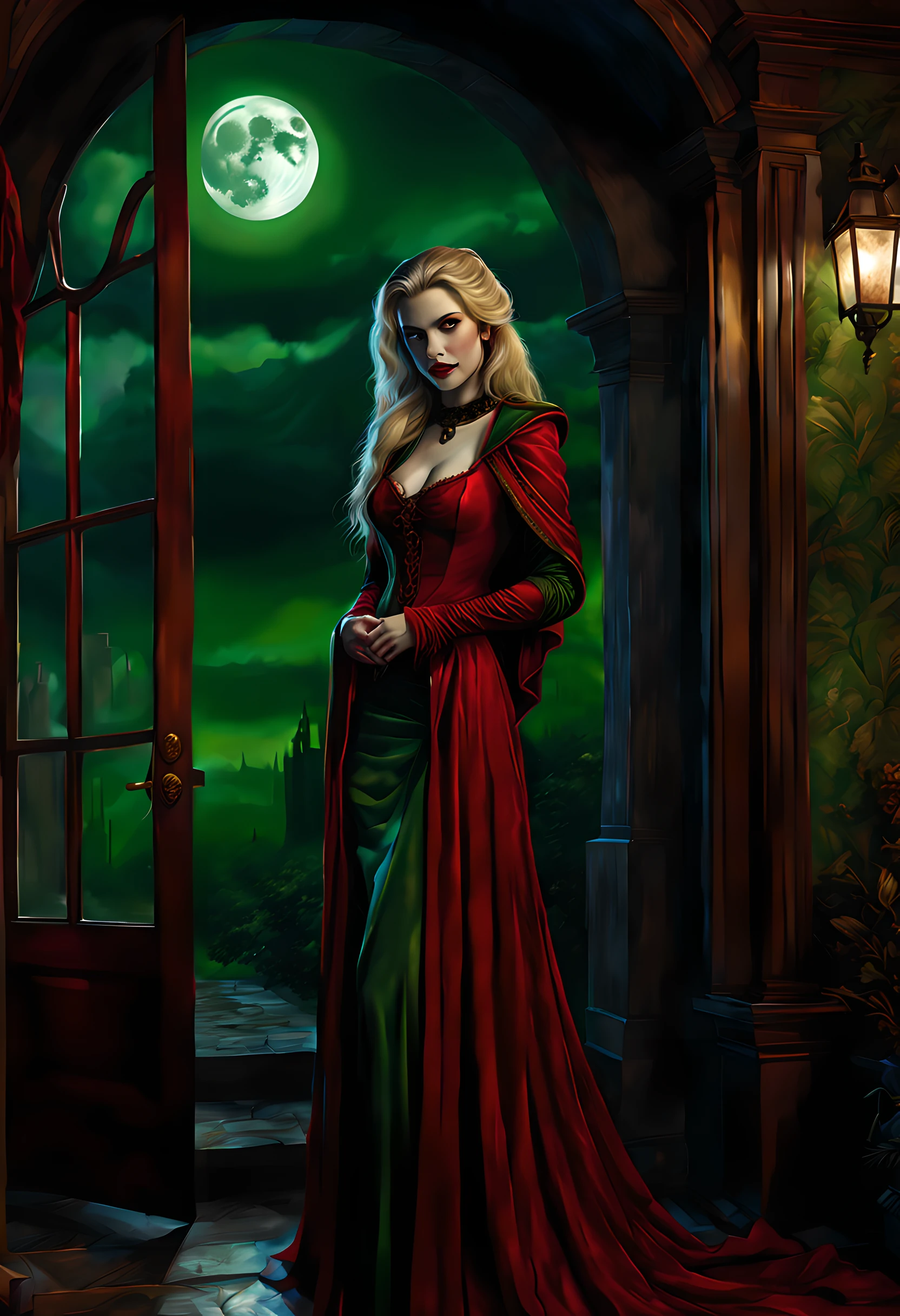 a picture of vampire standing in the front of her home, an exquisite beautiful female vampire in her front door of her home, full body (ultra detailed, Masterpiece, best quality), ultra detailed face (ultra detailed, Masterpiece, best quality), grey skin: 1.3 , blond hair, hair in a ponytail, long hair, blue eyes, cold eyes, glowing eyes, intense eyes, smile with [drops of blood on face] (ultra detailed, Masterpiece, best quality), dark red lips, [vampire fangs], wearing (red: 1.4) dress (ultra detailed, Masterpiece, best quality), (green: 1.4) dark green cloak, (green: 1.3) green high heeled boots in front of her home, torchlight,  high details, best quality, 16k, [ultra detailed], masterpiece, best quality, (ultra detailed), full body, ultra wide shot, photorealism, dark fantasy art, moon light coming through the window, moon rays, gothic art, sense of dread, sense of seduction, bloodmagic