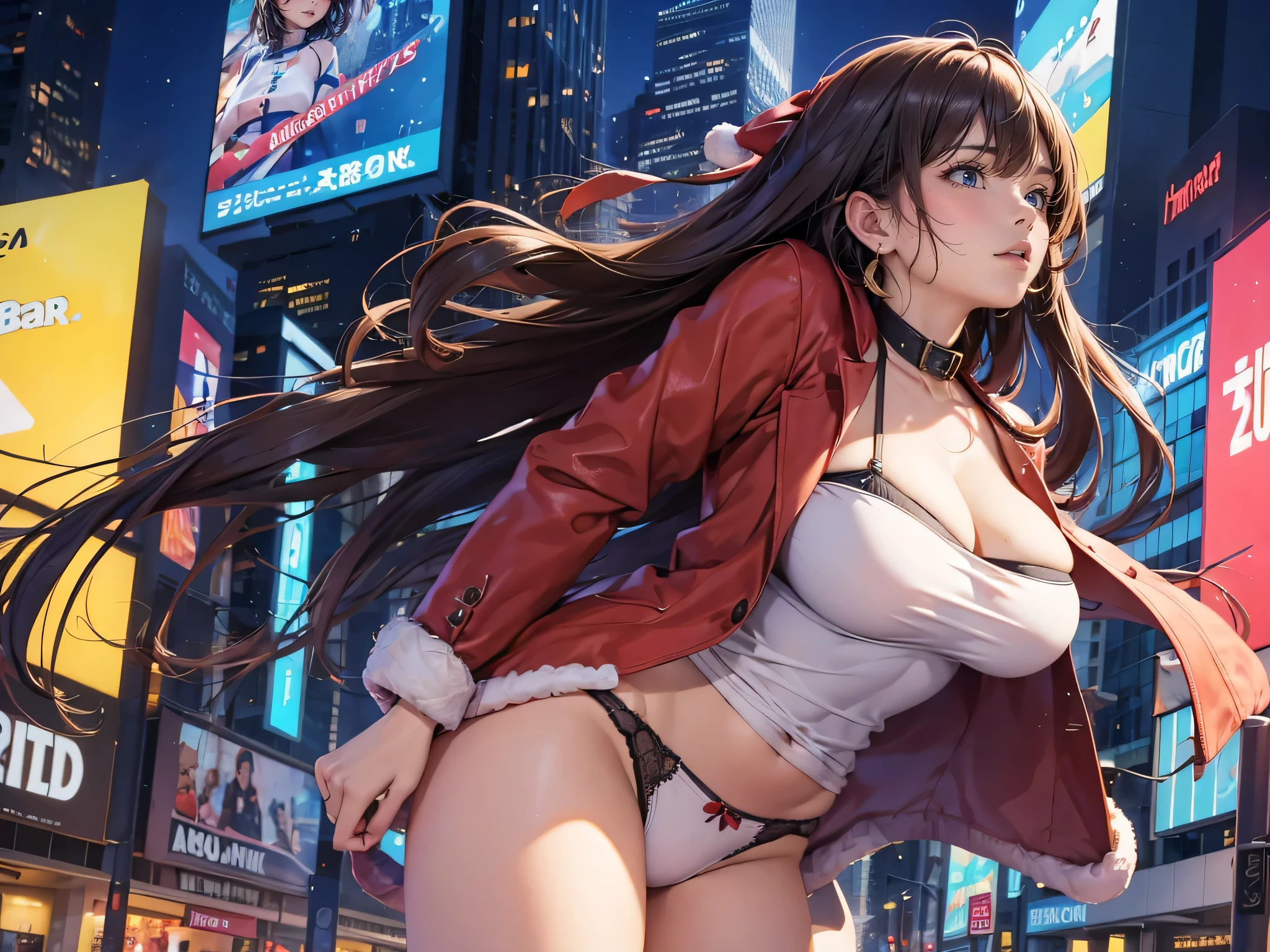 (((a woman is in front of the giant digital billboard on Christmas day, all of giant digital billboard is broadcasting the video that she is showing off her panties))), ((winter clothes with Christmas colors)), looking away, angle from below, (drooping eyes, sleepy, ecstasy face, blush, earrings, many people pass,