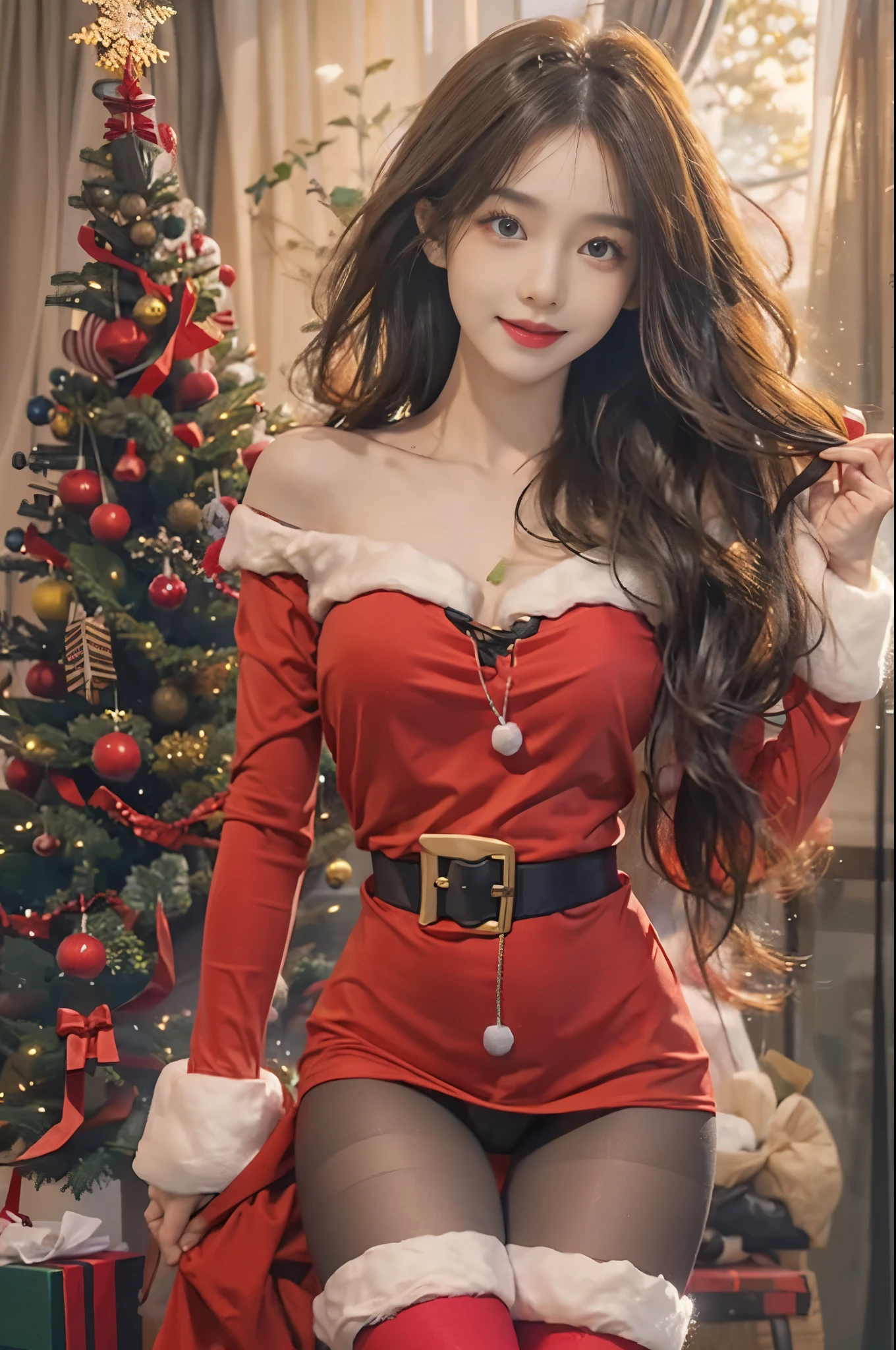 Imagine a brunette woman around 28 years old....., she is wearing a santa themed costume、My hair is unkempt.. A bright smile conveys joy..... The color palette should primarily feature red and green, beautiful foot、(Opening legs:1.3)、(Sexy Santa:1.4)、(Black tights:1.4)、beutiful breast