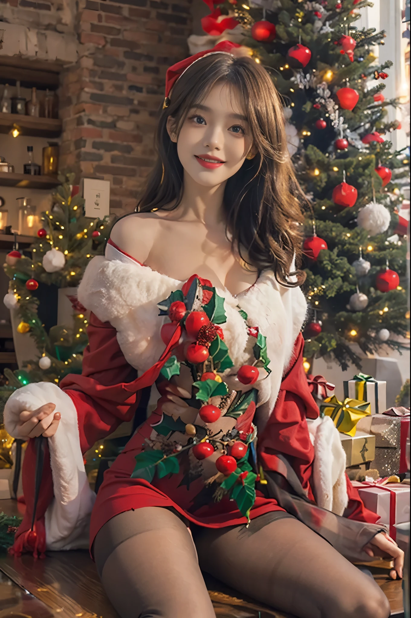 Imagine a brunette woman around 28 years old....., she is wearing a santa themed costume、My hair is unkempt.. A bright smile conveys joy..... The color palette should primarily feature red and green, beautiful foot、(Opening legs:1.3)、(Sexy Santa:1.4)、(Black tights:1.4)、beutiful breast