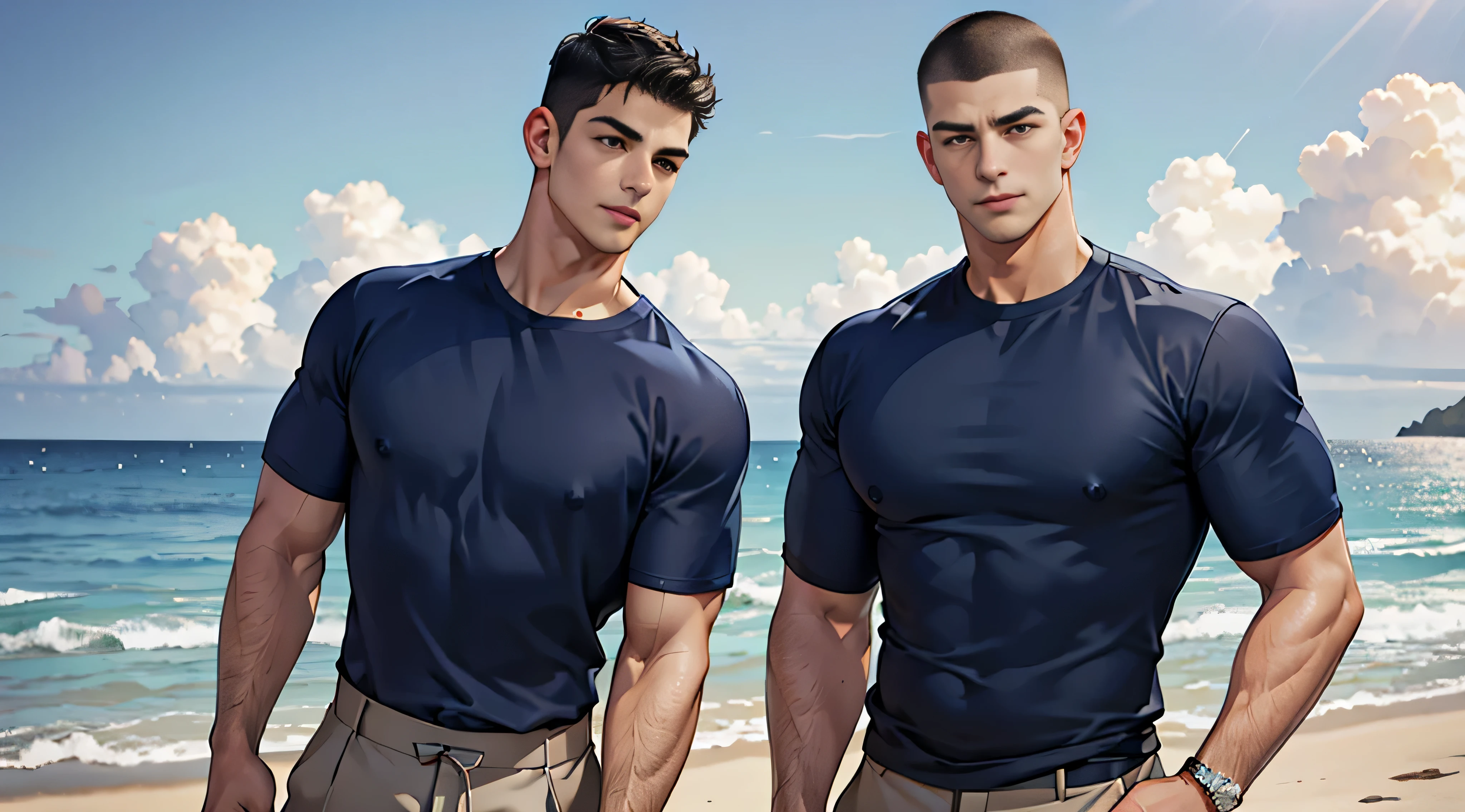 (masterpiece: 1.2), (CGI Art:1.3), (Realistic:1.5), (Post Processing:1.3), (crisp focus:1.3), 1 man on the beach, (Skinhead&#39;Crew Cut Hairstyle: 1.3 ), Skinheads have haircuts.., Black Hair, Short hair details, smile, (Wear a round neck shirt..: 1.3 , Short sleeve shirt: 1.3, Navy blue shirt: 1.3), Navy Cargo Pants, Young Korean , Big muscles, Wide shoulders, Big Arms, (The sea), (blue car: 1.3)