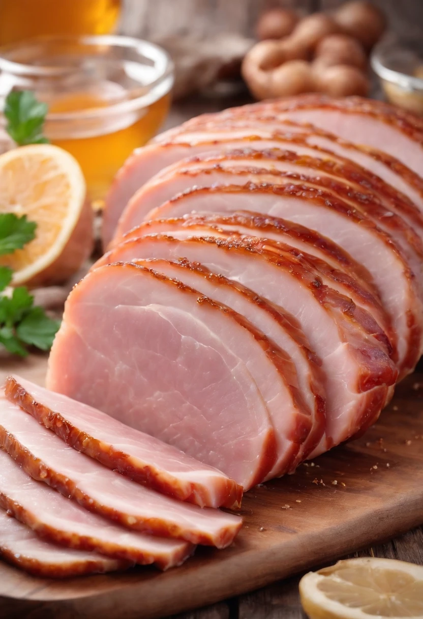 a symmetrical shot of the ham sliced and arranged in a neat pattern, with the honey glaze evenly distributed on each piece. The arrangement should be visually pleasing, emphasizing the elegance of the dish